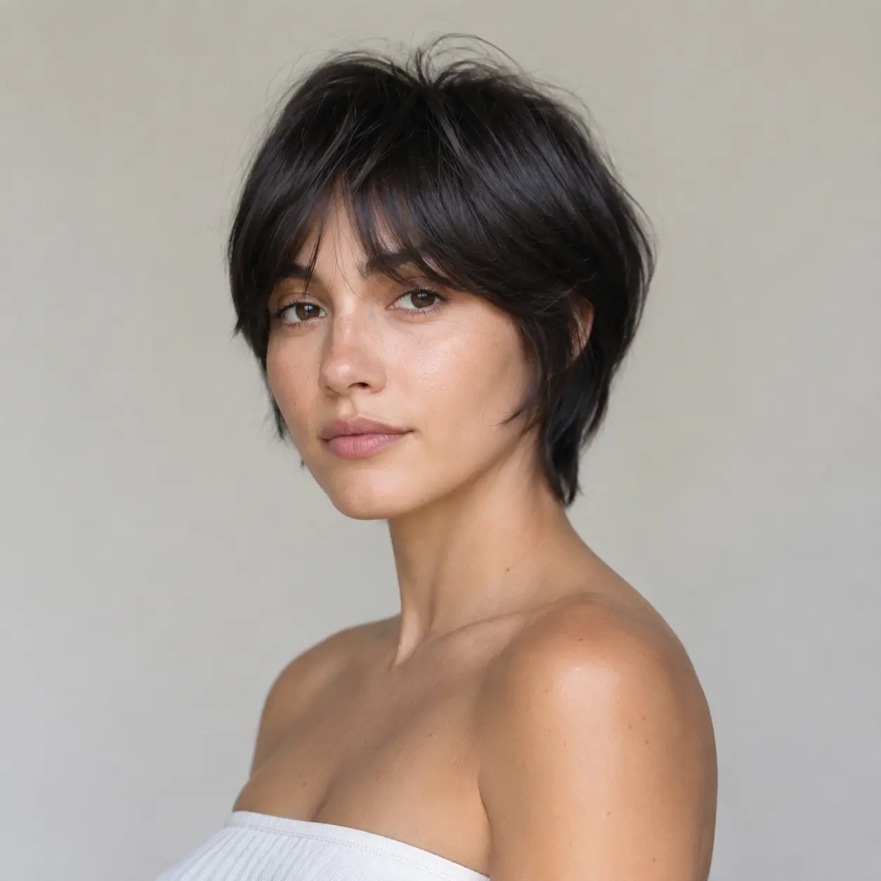 Bixie haircut with curtain bangs that split softly at the center and frame the eyes and cheekbones