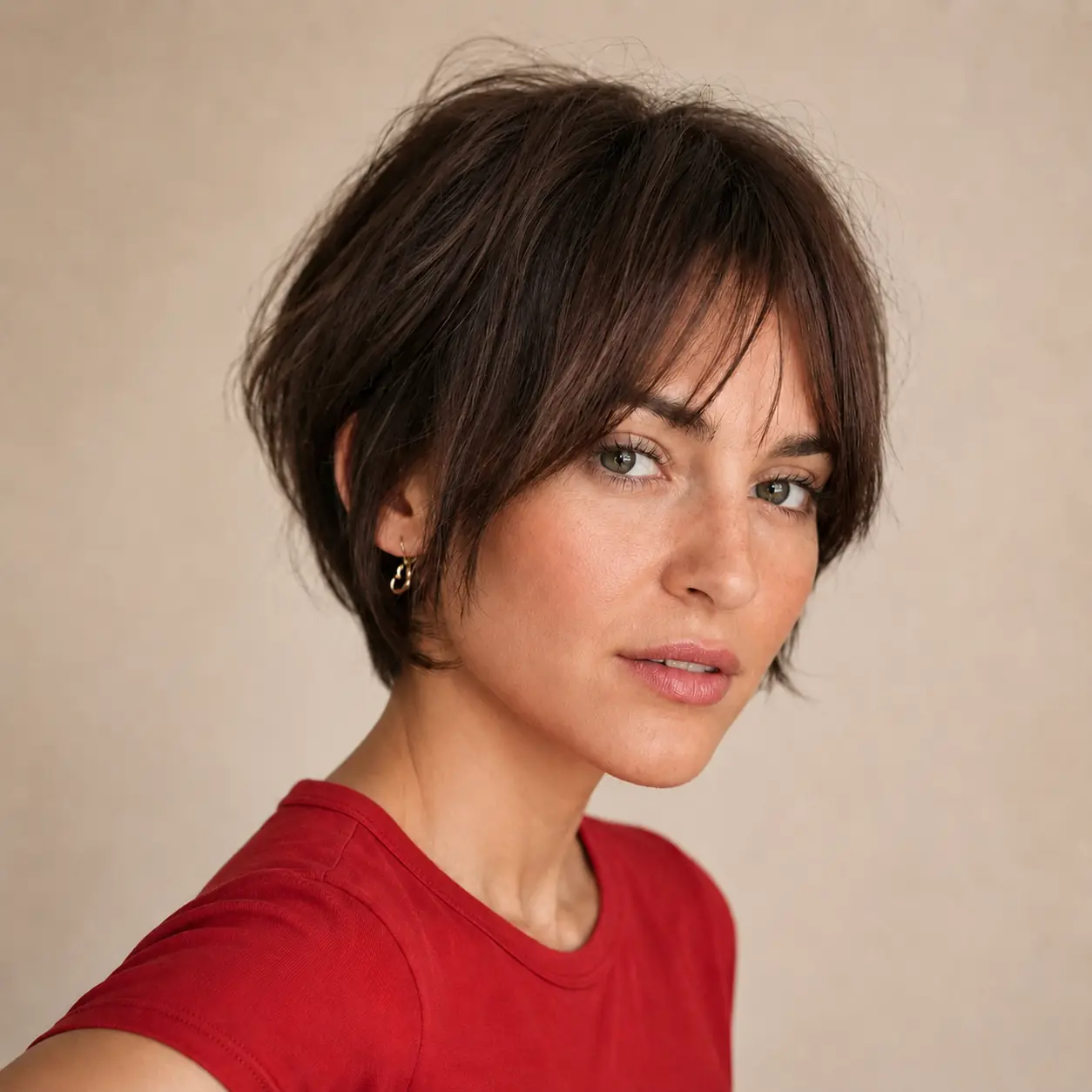 Bob haircut with curtain bangs that soften the perimeter and frame the face for a flattering look
