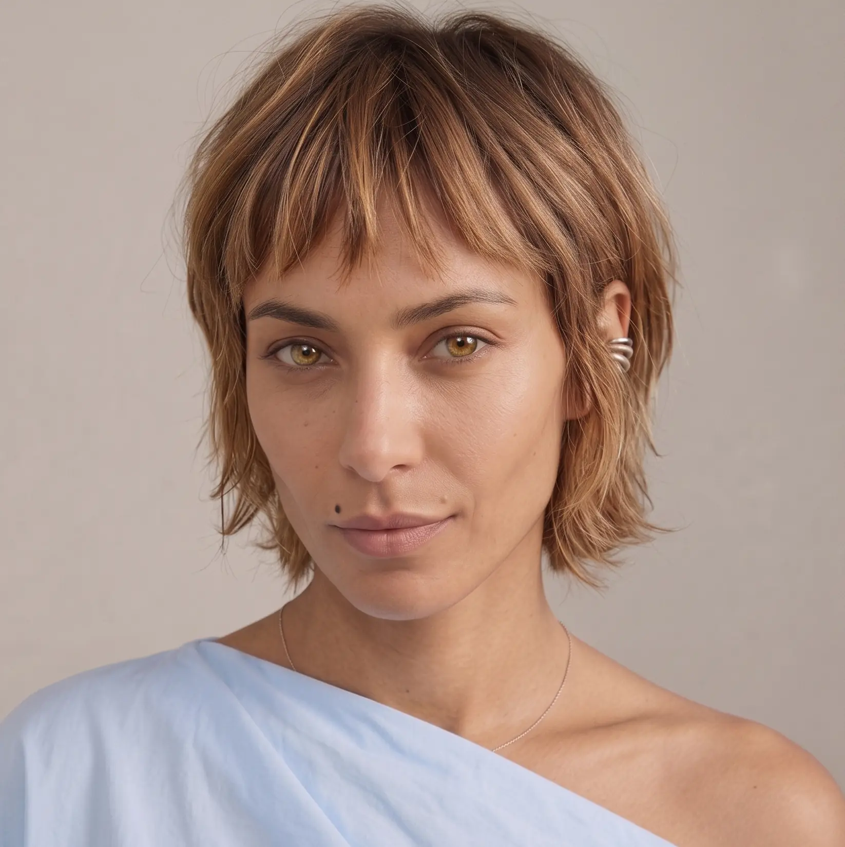 Bronde balayage shag haircut melting blonde and brunette into a soft, sunlit dimension on lived-in texture