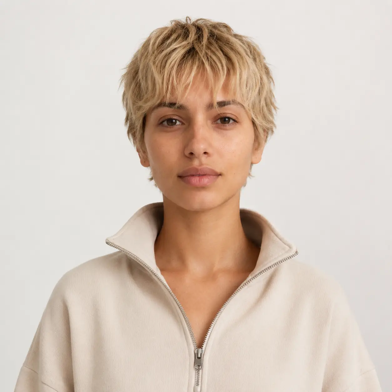 Butter blonde bixie haircut in a creamy, warm blonde with a soft root shadow and glossy, healthy shine