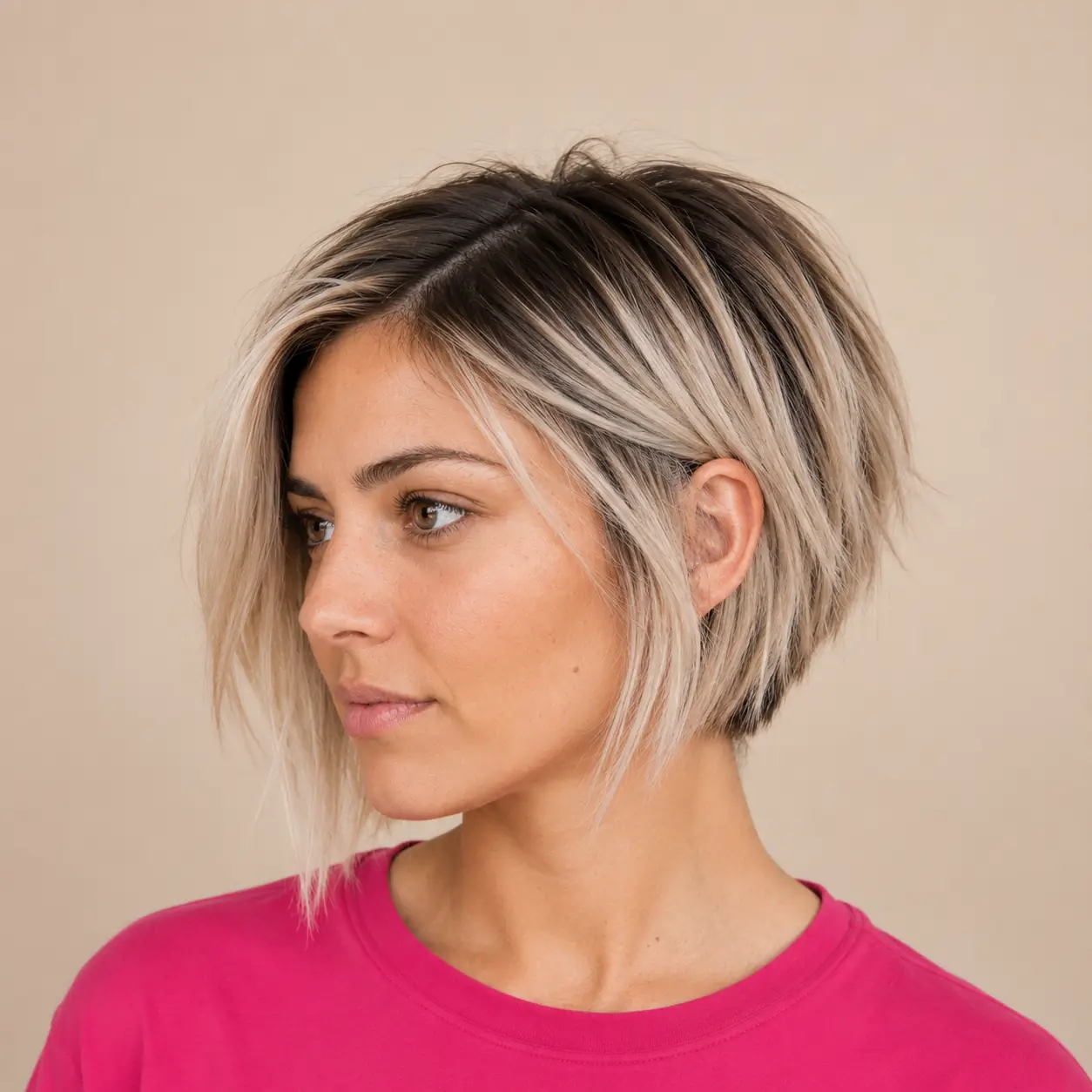 Choppy bob haircut with lived-in textured layers and a smudged shadow root adding thickness and depth