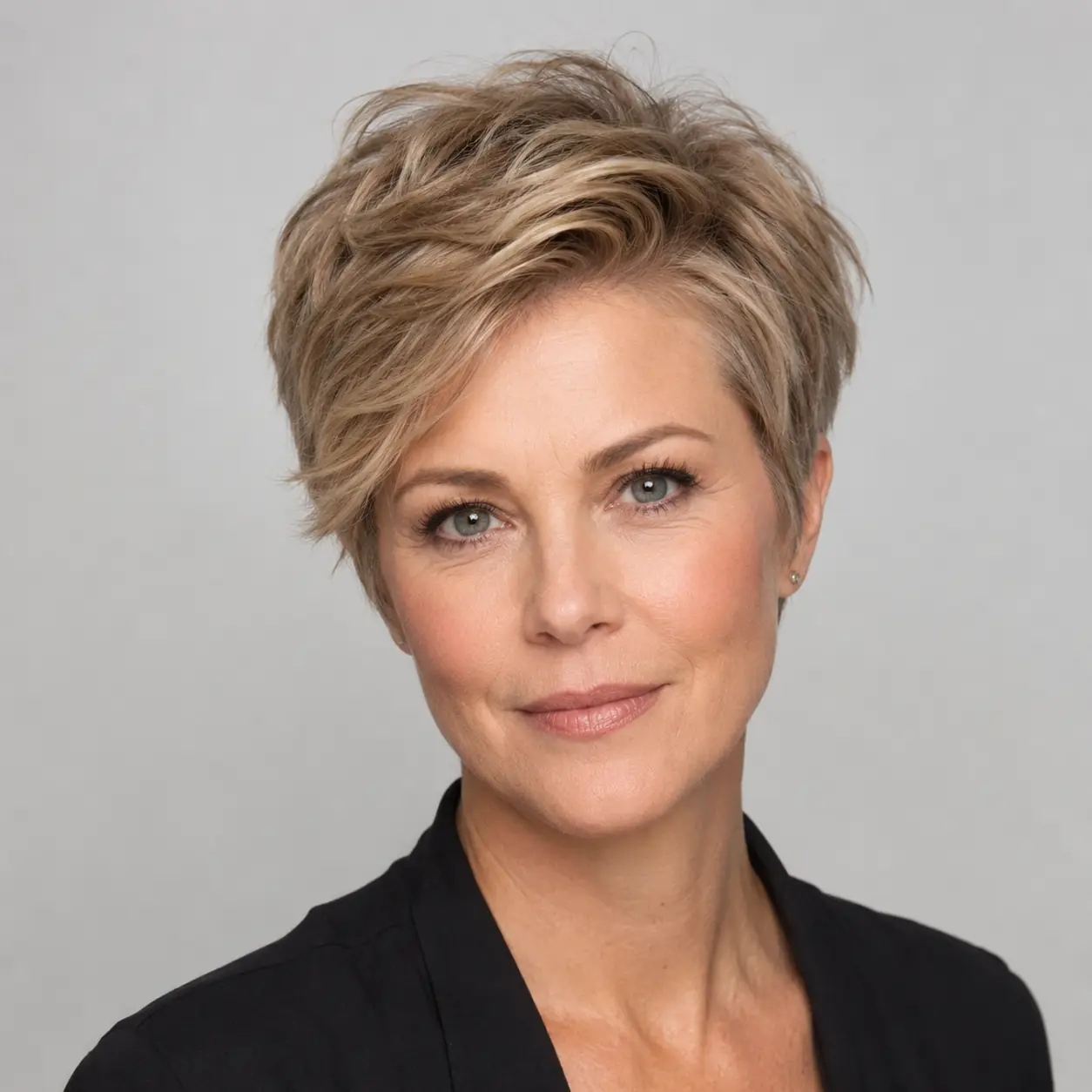 Classic layered pixie haircut with short blended layers throughout adding structure and movement