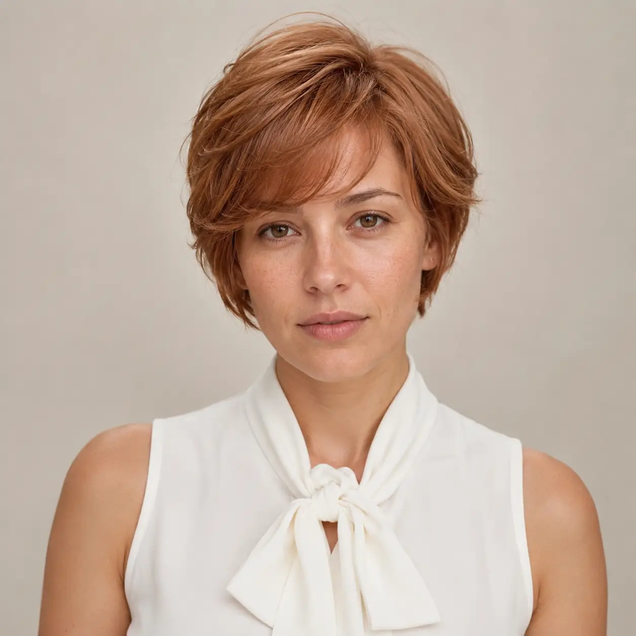 Copper layered crop haircut in a deep, rich, warm copper tone catching the light along every textured layer