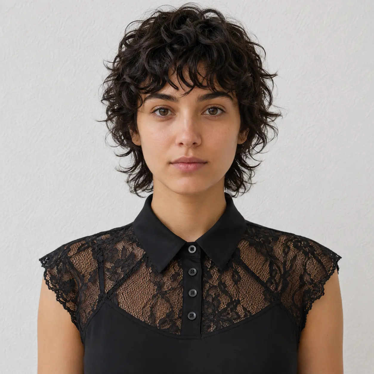 Curly short shag haircut with blended layers enhancing the natural curl pattern and avoiding a triangle shape