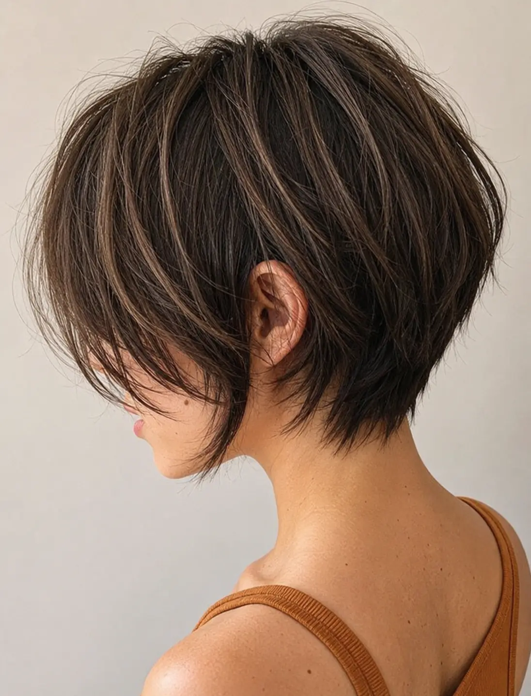 Disheveled bixie haircut with teased, tousled layers creating volume and a deliberately messy finish