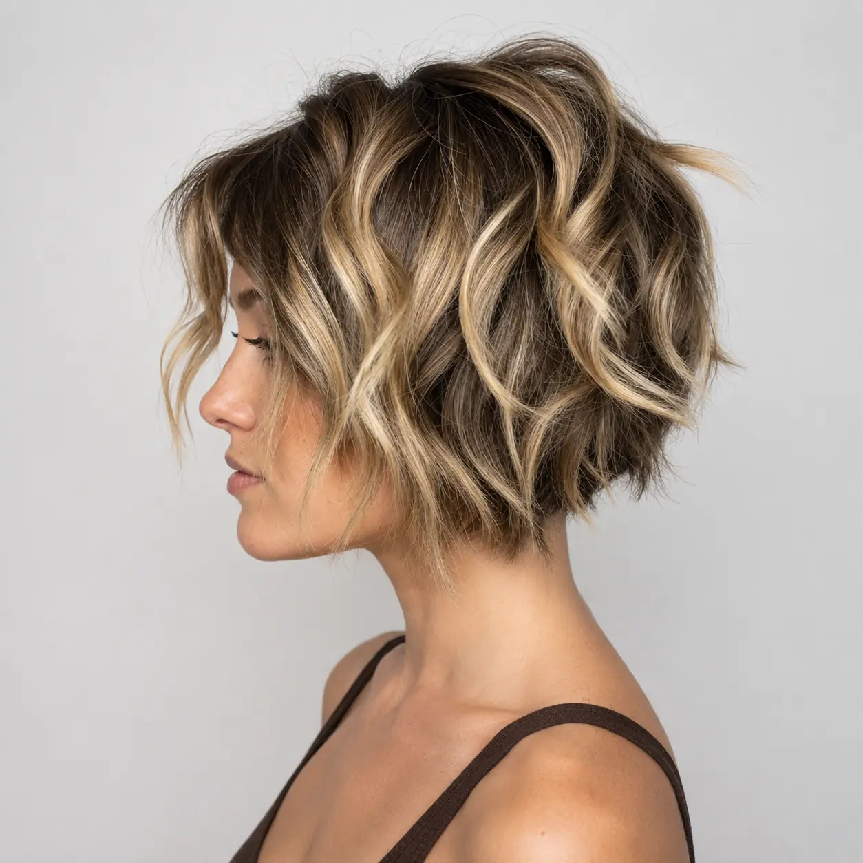 Feathered bob haircut with soft razored layers giving an elegant lift and a pretty flip at the ends