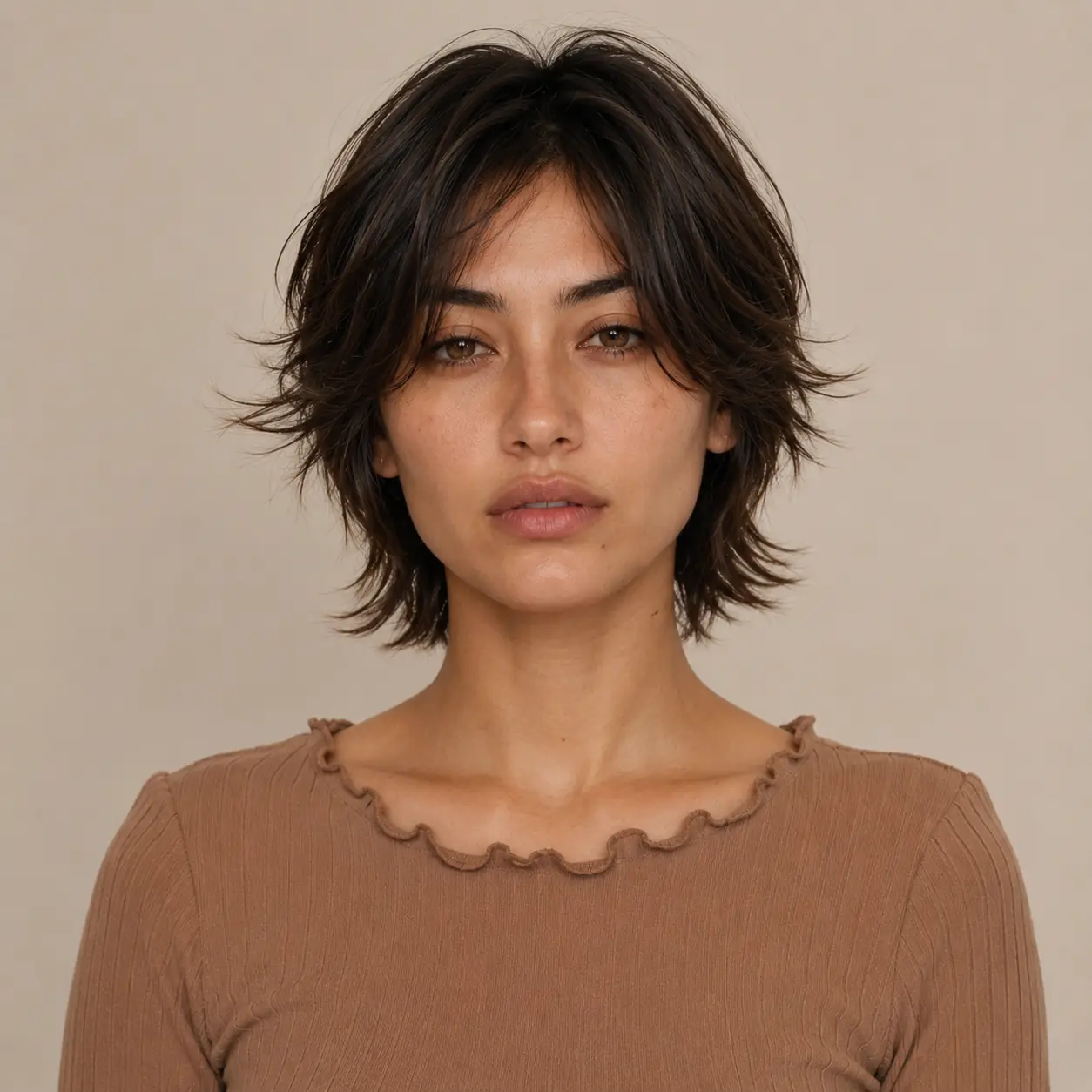 Feathered crop haircut with the first layer starting at the cheekbone for a face-contouring effect