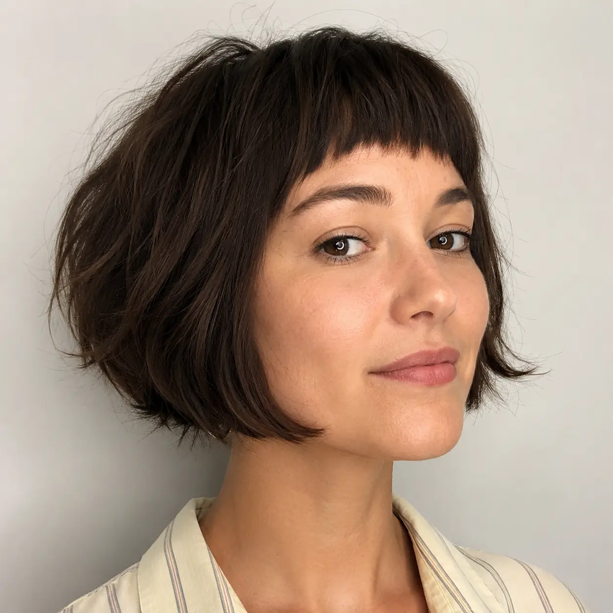 French bob haircut sitting at the chin with soft blunt micro-bangs and a slightly rounded, undone shape