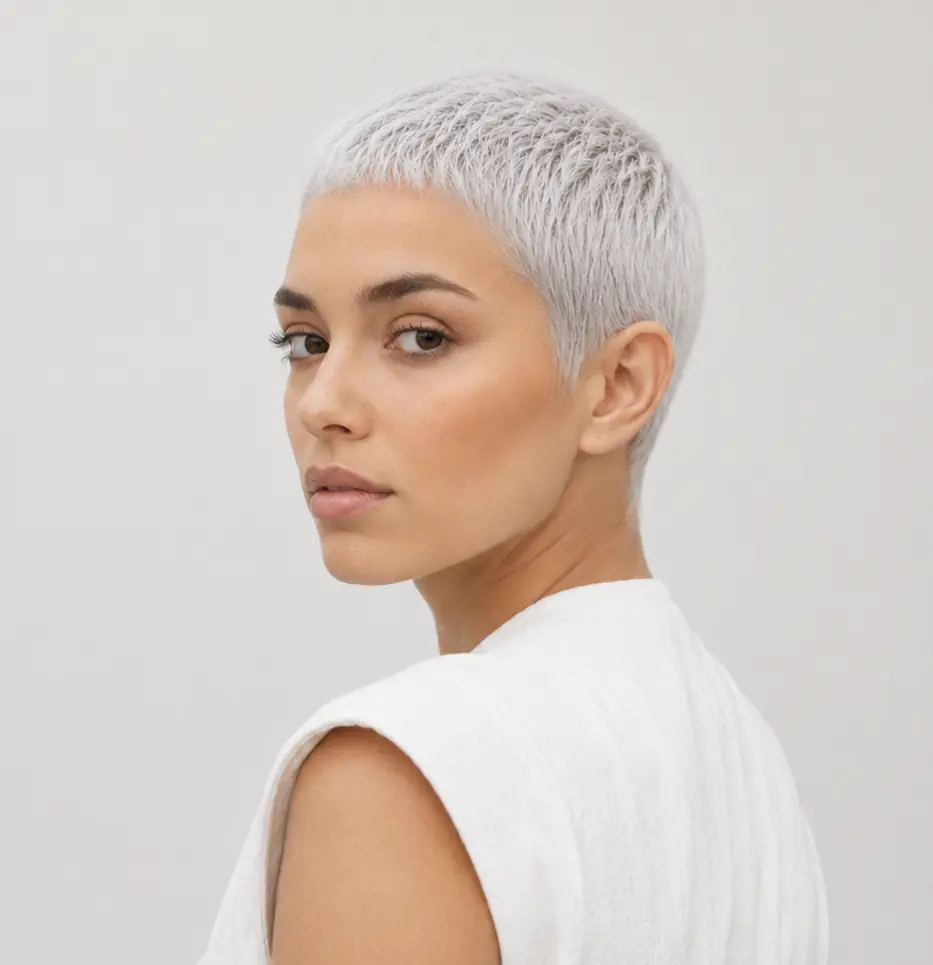 Icy platinum pixie haircut in a cool, reflective blonde shade with layers adding dimension