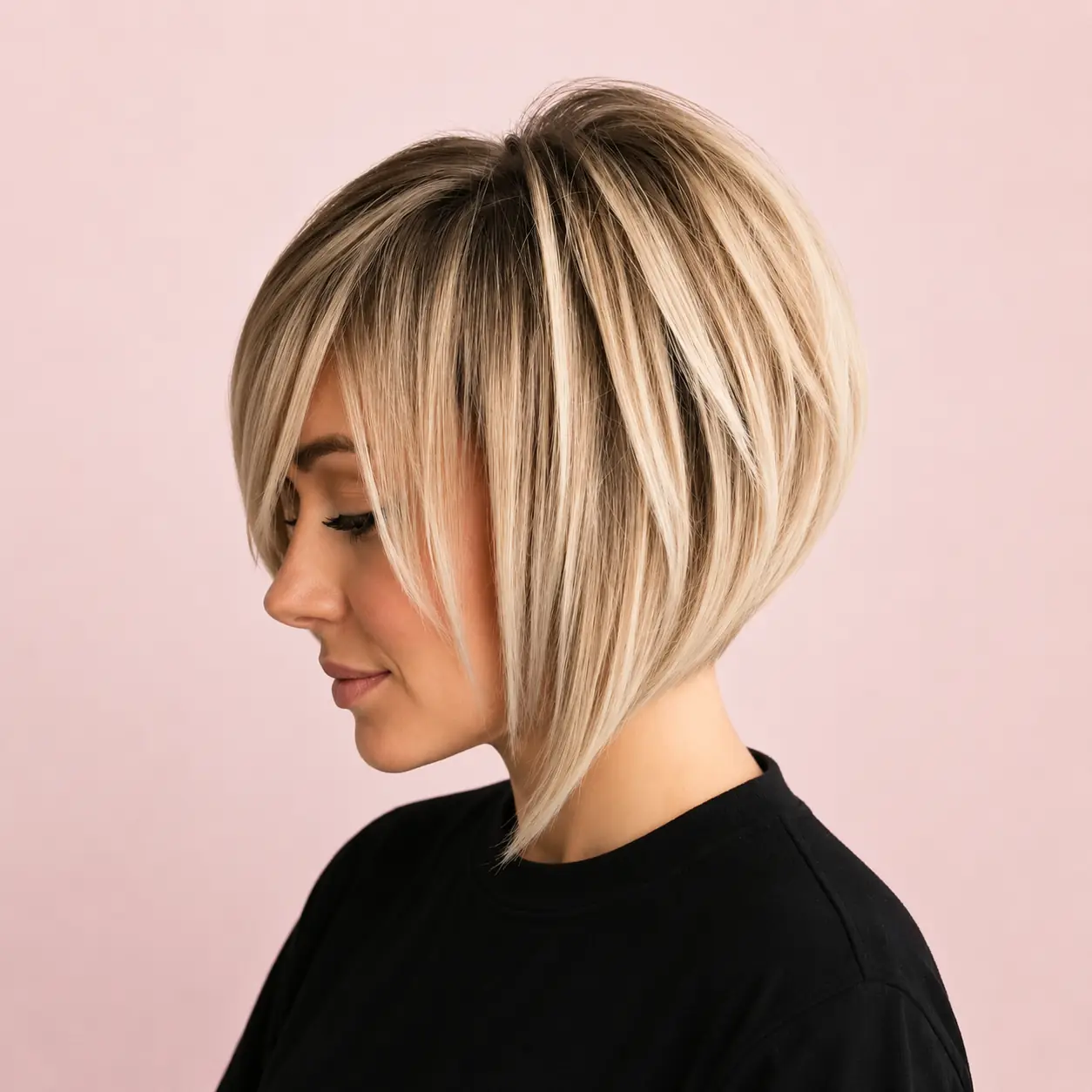 Inverted bob haircut with short stacked layers at the back and a longer front framing the face
