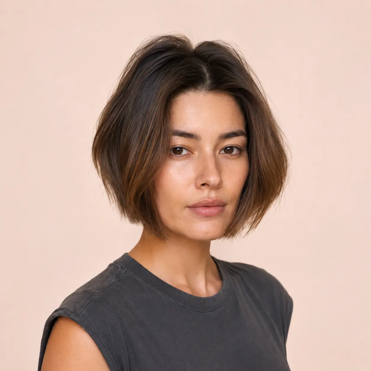 Jaw-length bob haircut with a clean blunt perimeter and internal layers removing weight for movement