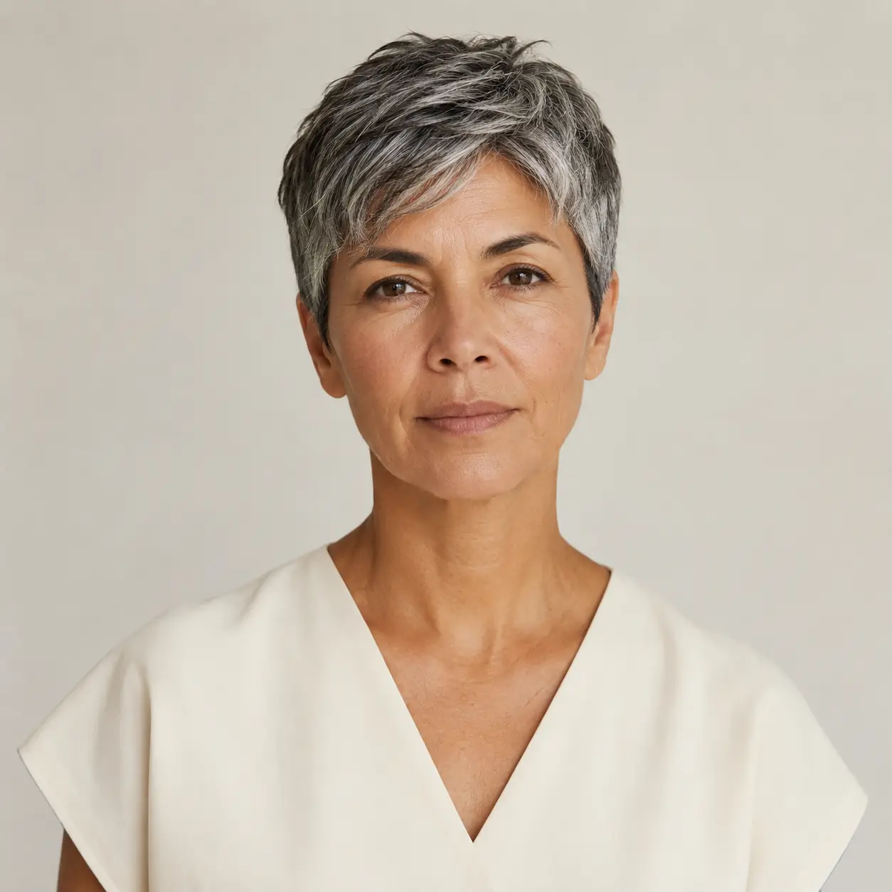 Layered pixie haircut on natural gray and silver hair with layers adding dimension for a modern, sharp look