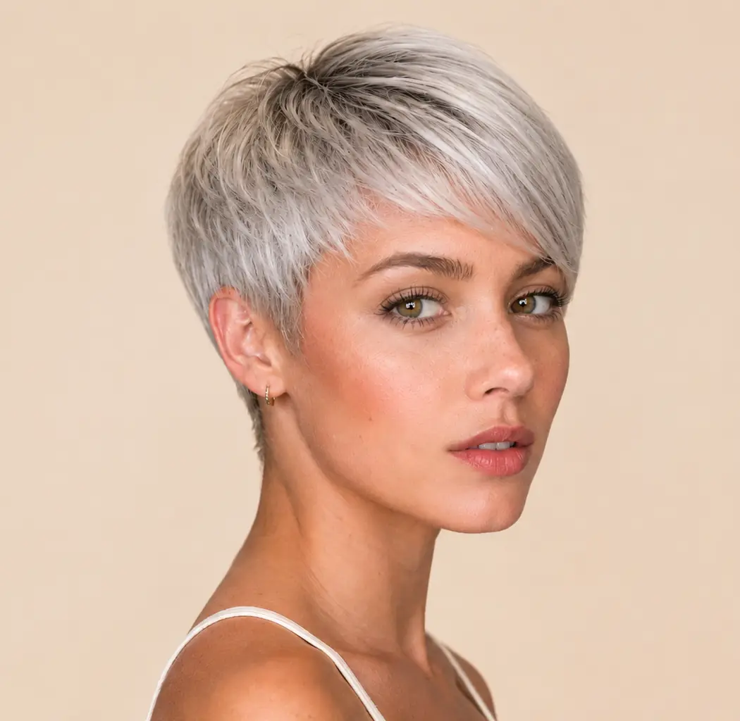 Long pixie haircut with extra length on top and a soft side-swept fringe for added femininity