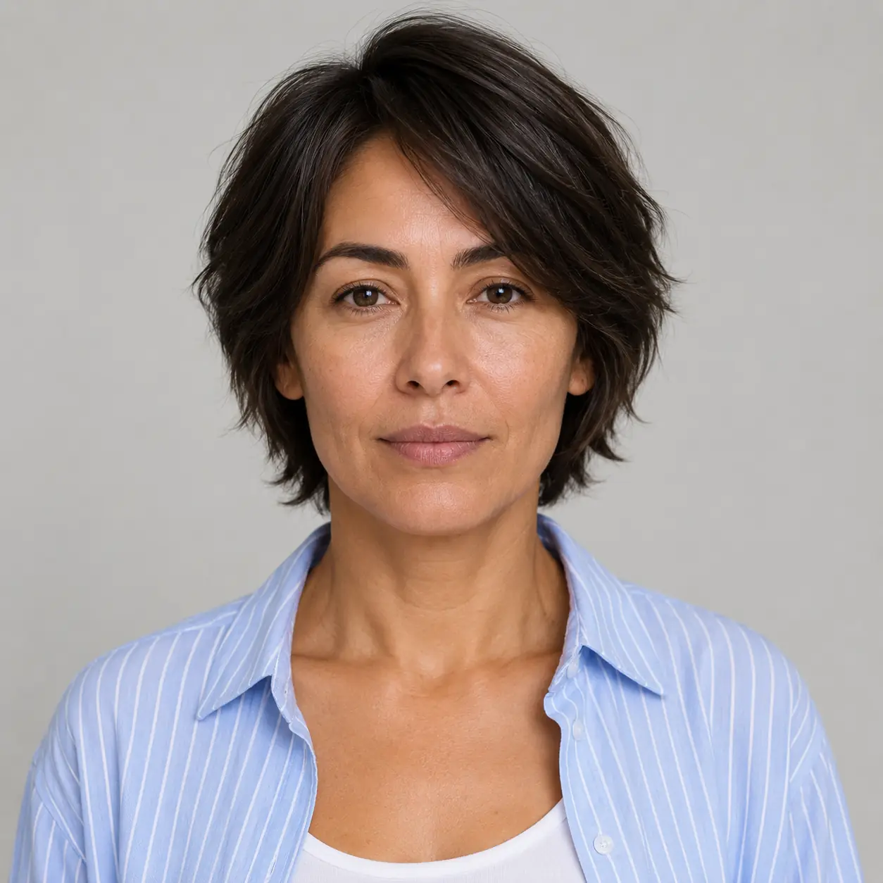 Short layered cut in a dark espresso shade with subtle glossy undertones on hair over 50