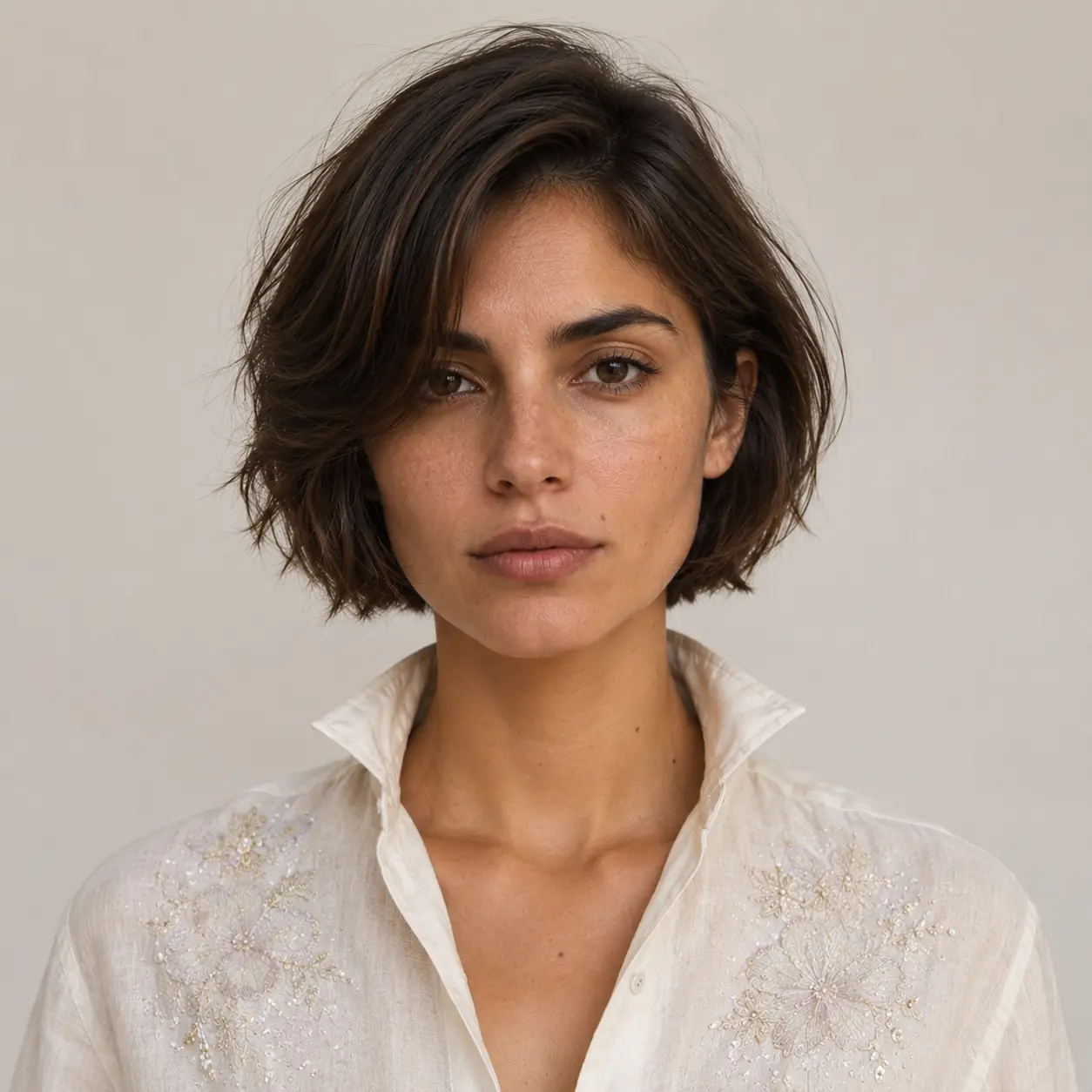Lush truffle brunette bob haircut with warm, glowy depth and a subtle red shimmer for an expensive finish