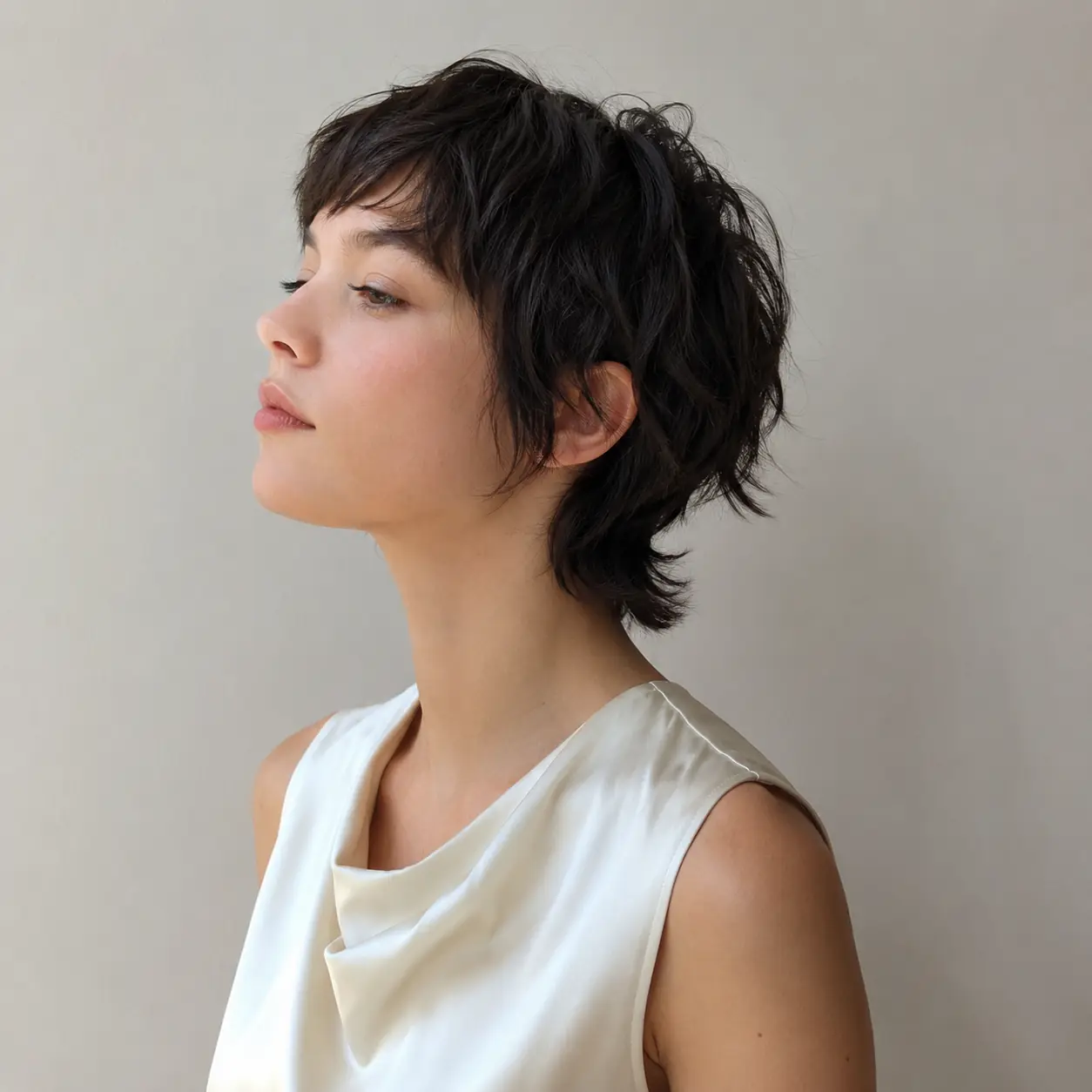 Nape-length bixie haircut cropped short at the back with full interior layers through the crown