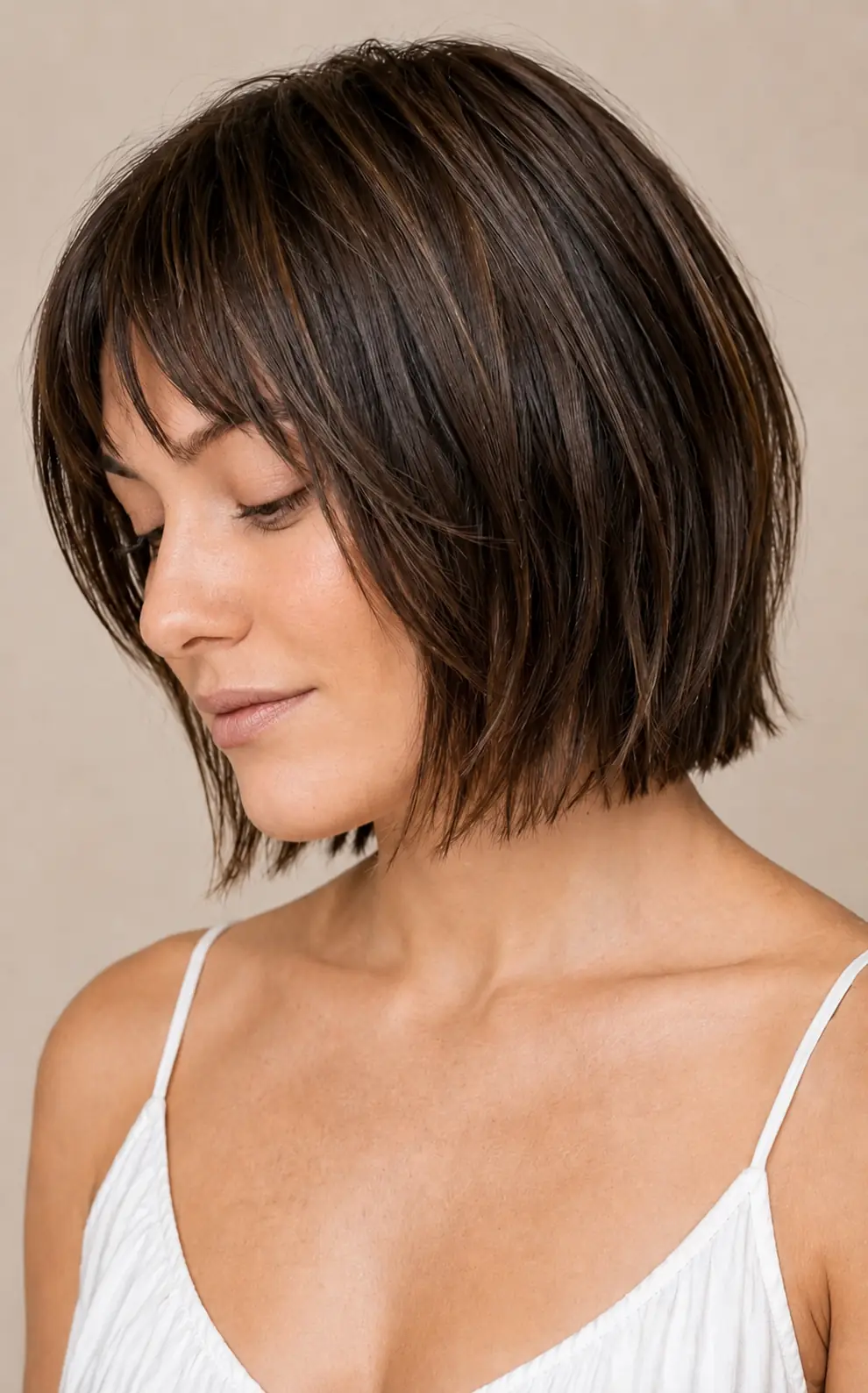 Nape-length crop bob haircut with only interior layers in a rich chocolate brunette for a clean, tidy shape