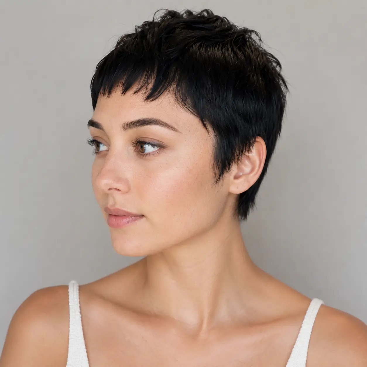 Pixie haircut with baby bangs cut well above the brows, framing the eyes for a bold statement