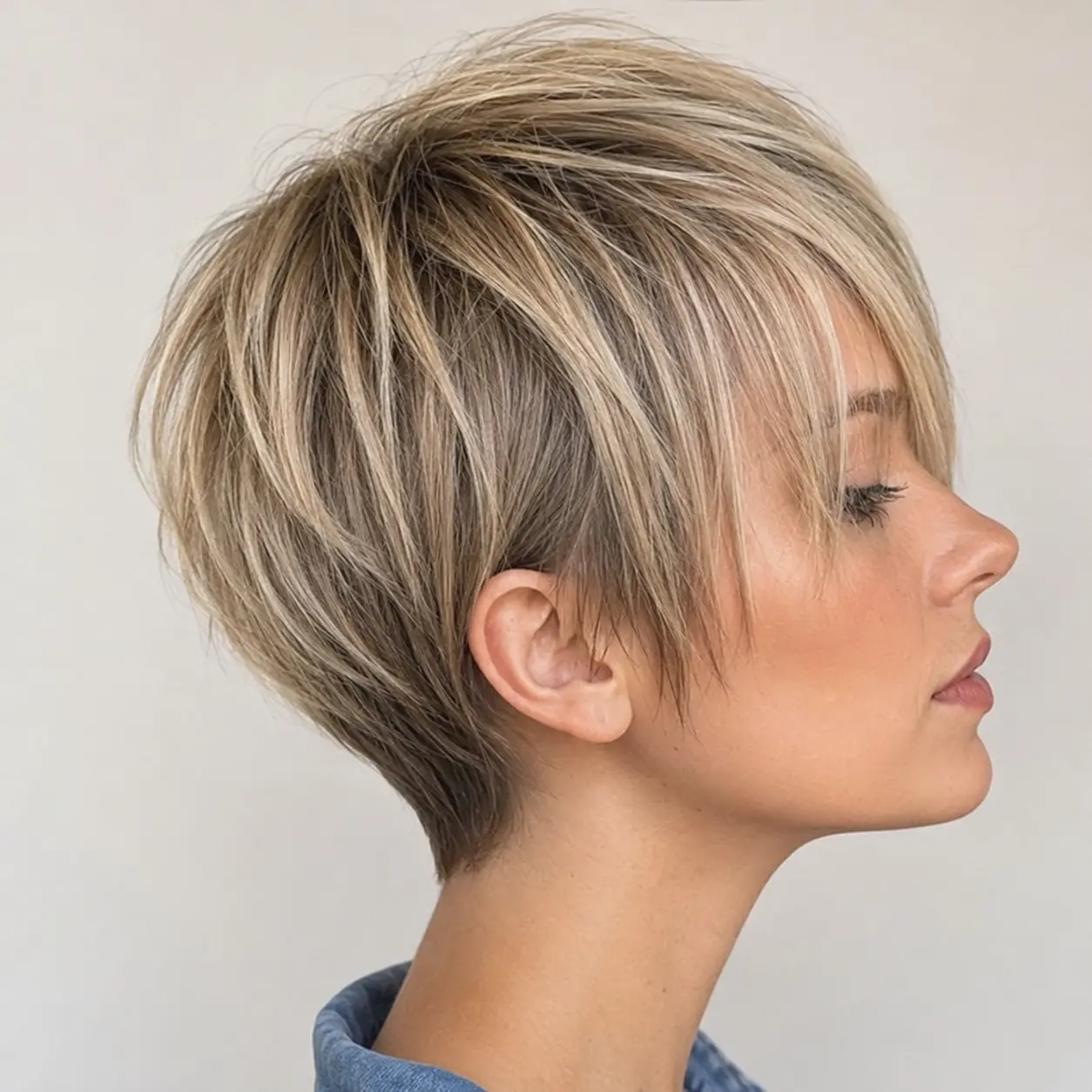 Pixie haircut with long layers on top and shorter sides offering versatile styling and height