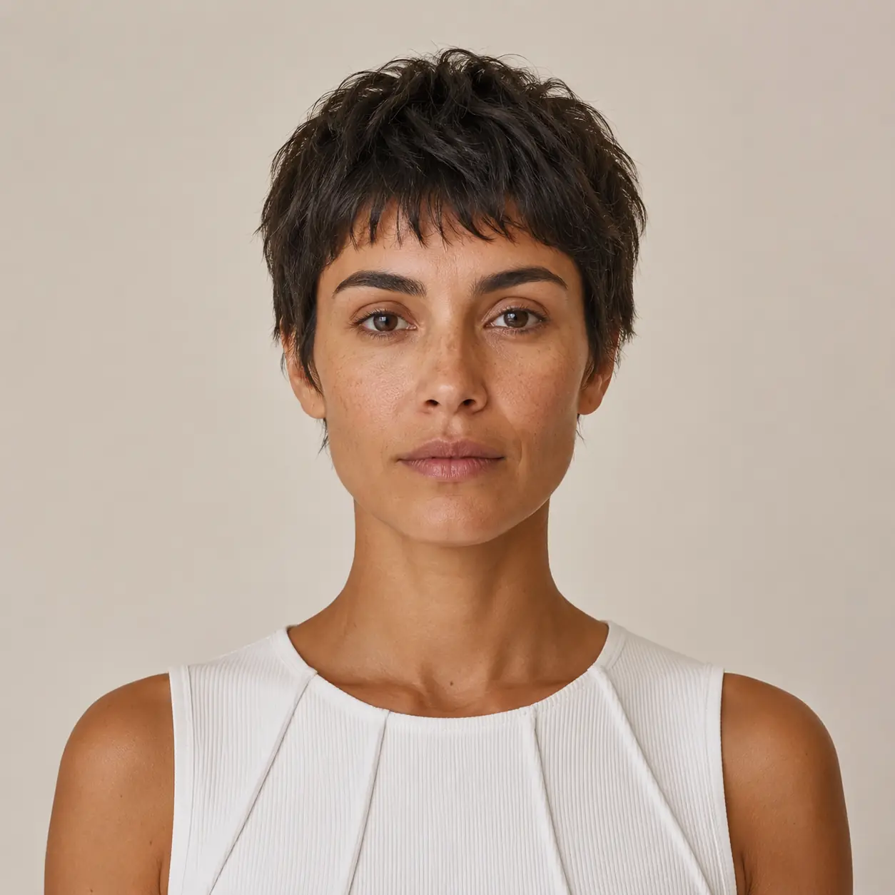 Super-short razor crop haircut with a fluid, undone finish created by razor cutting for soft texture