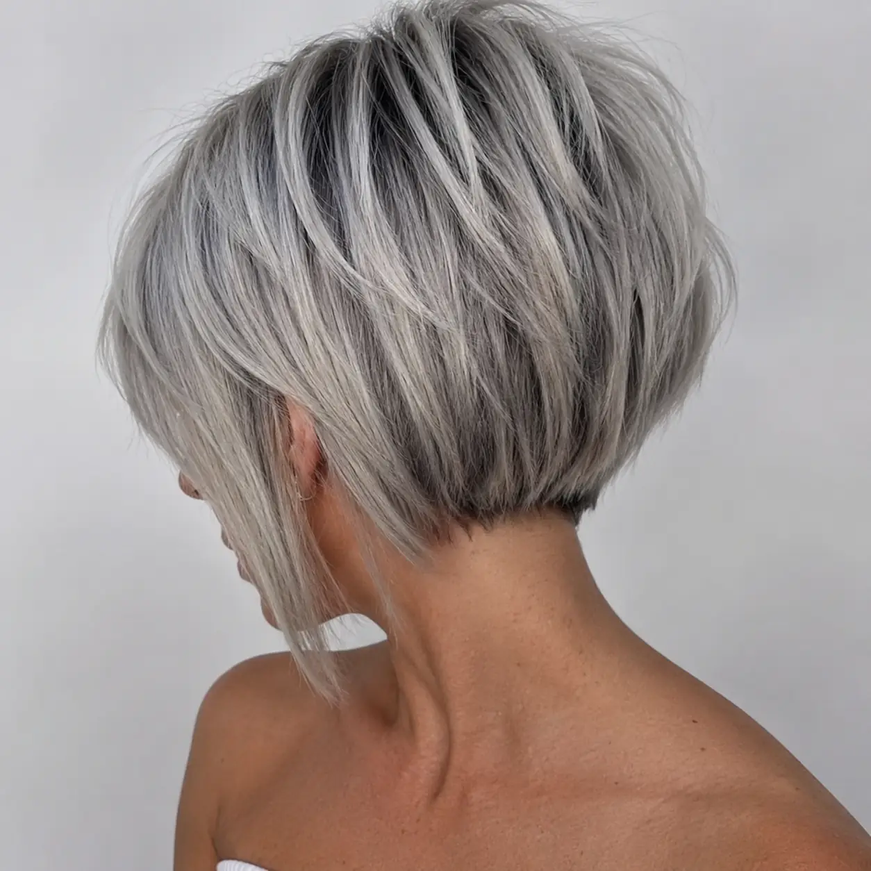 Razored pixie bob haircut with soft feathered ends and fluid, tousled movement on wavy hair