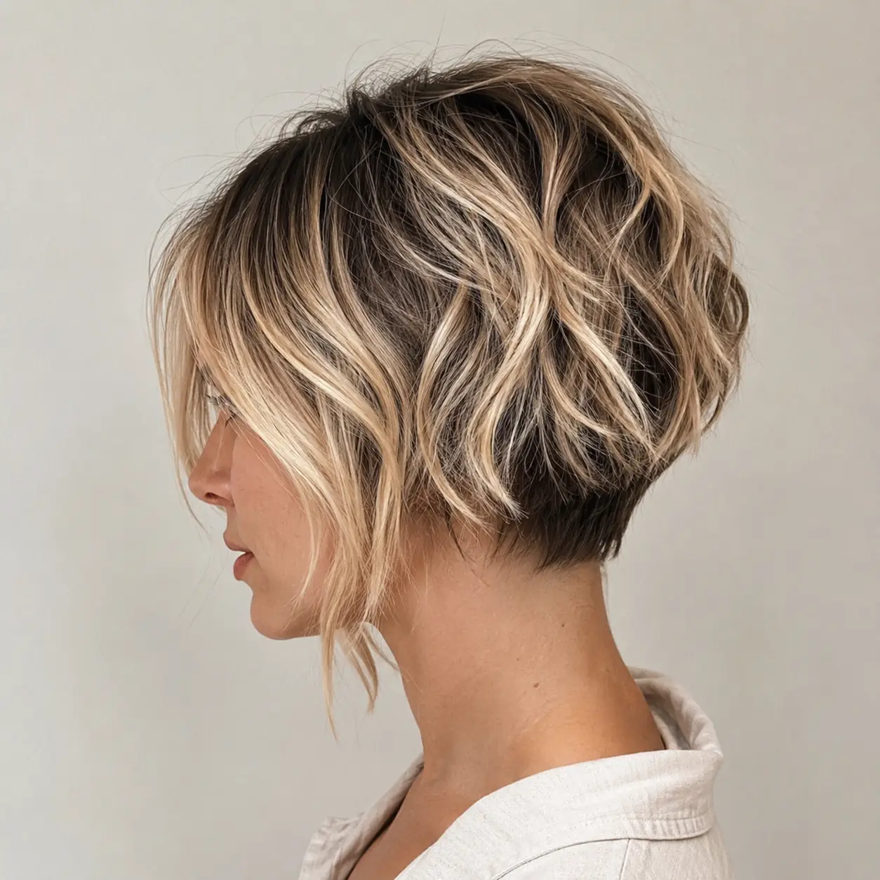 Rooted bixie haircut with a shadow root and butter blonde length on fine hair for added crown volume