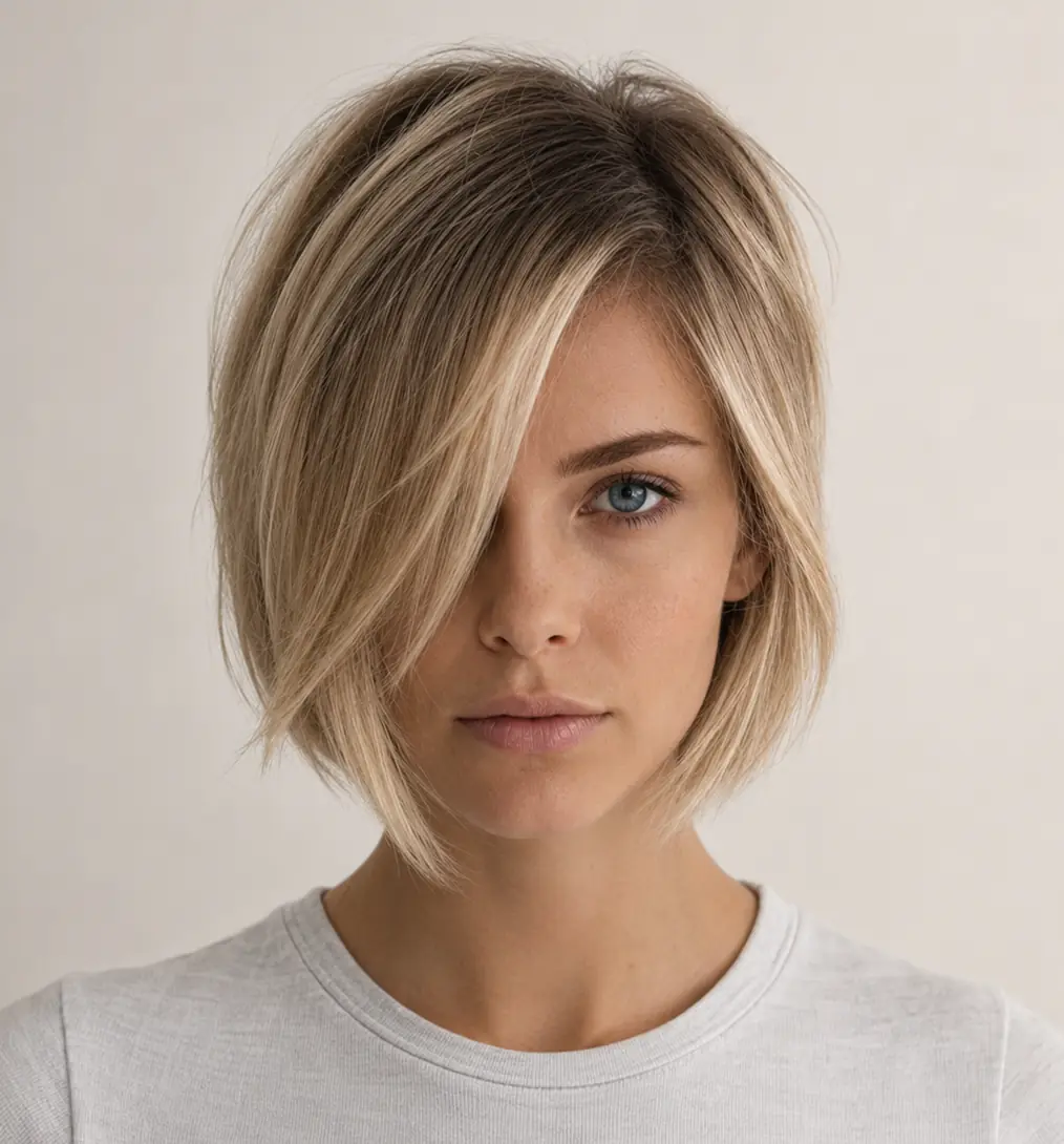 Rounded bob haircut with a blunt perimeter making fine hair look denser and fuller through the ends