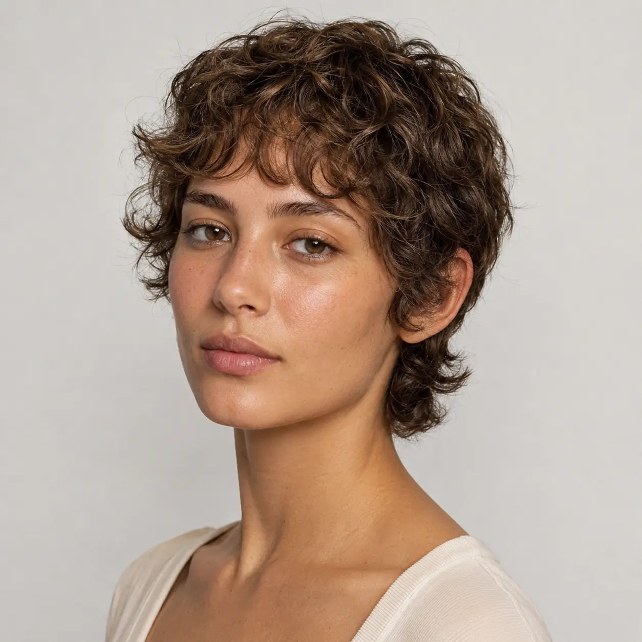 Sculpted curly pixie haircut enhancing the natural curl pattern with softness at the temples and crown