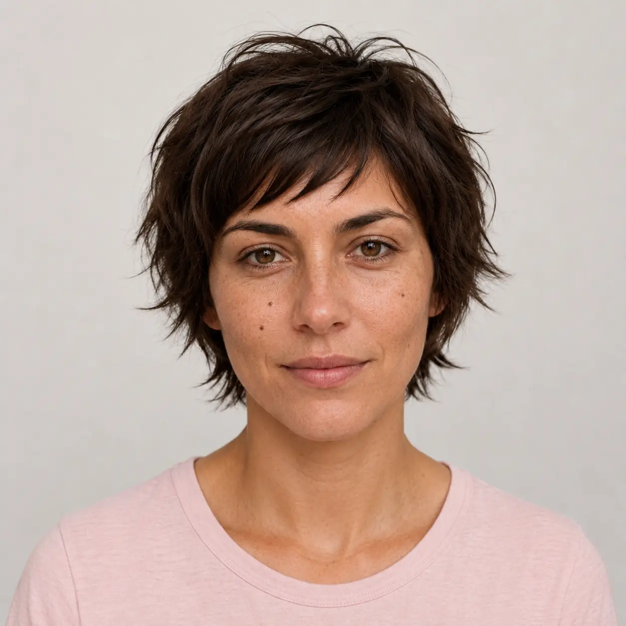 Shaggy bixie haircut blending a compact bixie shape with choppy shag layers for maximum movement
