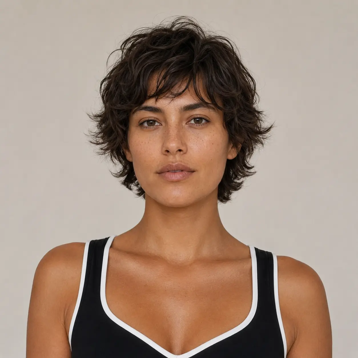 Short layered haircut for wavy hair with sliced layers releasing the wave into soft, controlled movement