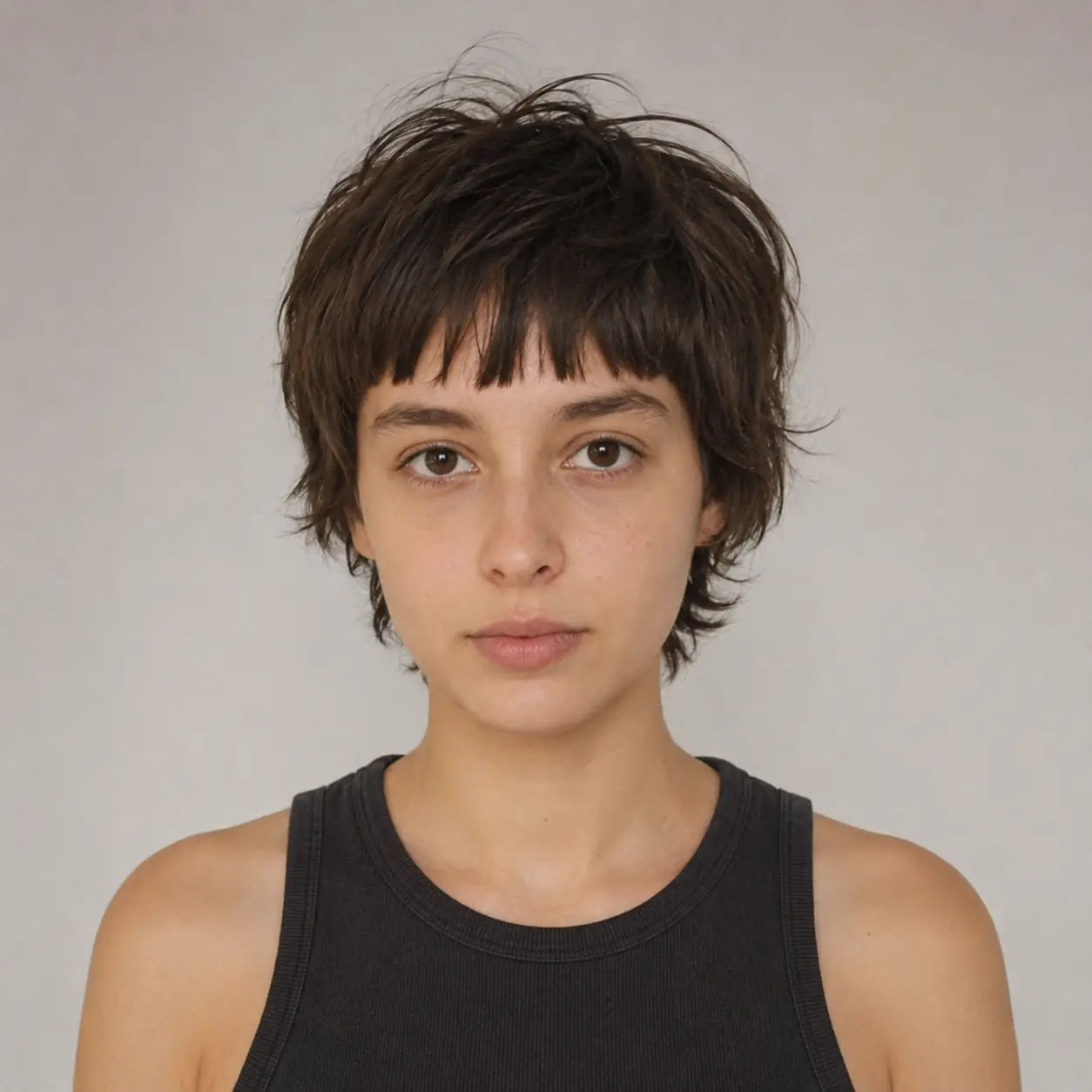 Short shag haircut with choppy blended layers and a soft fringe for effortless, seventies-coded texture