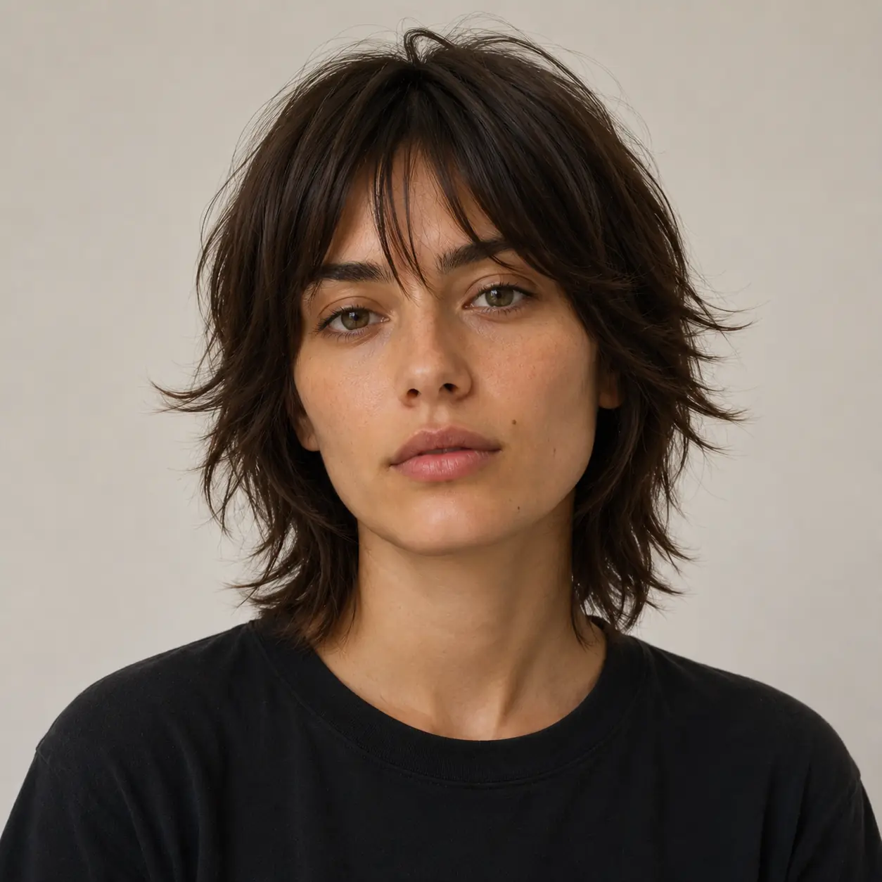 Short wolf cut haircut with a spiky shorter crown and longer shaggy nape for bold, high-contrast texture