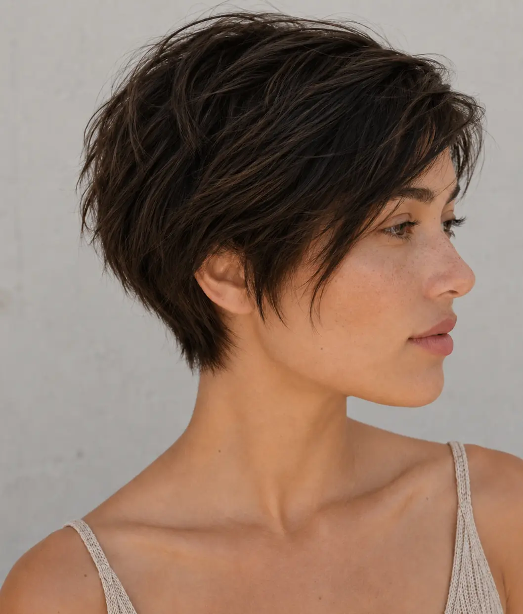 Side-swept bixie haircut with longer top pieces swept across the forehead for a soft asymmetric line