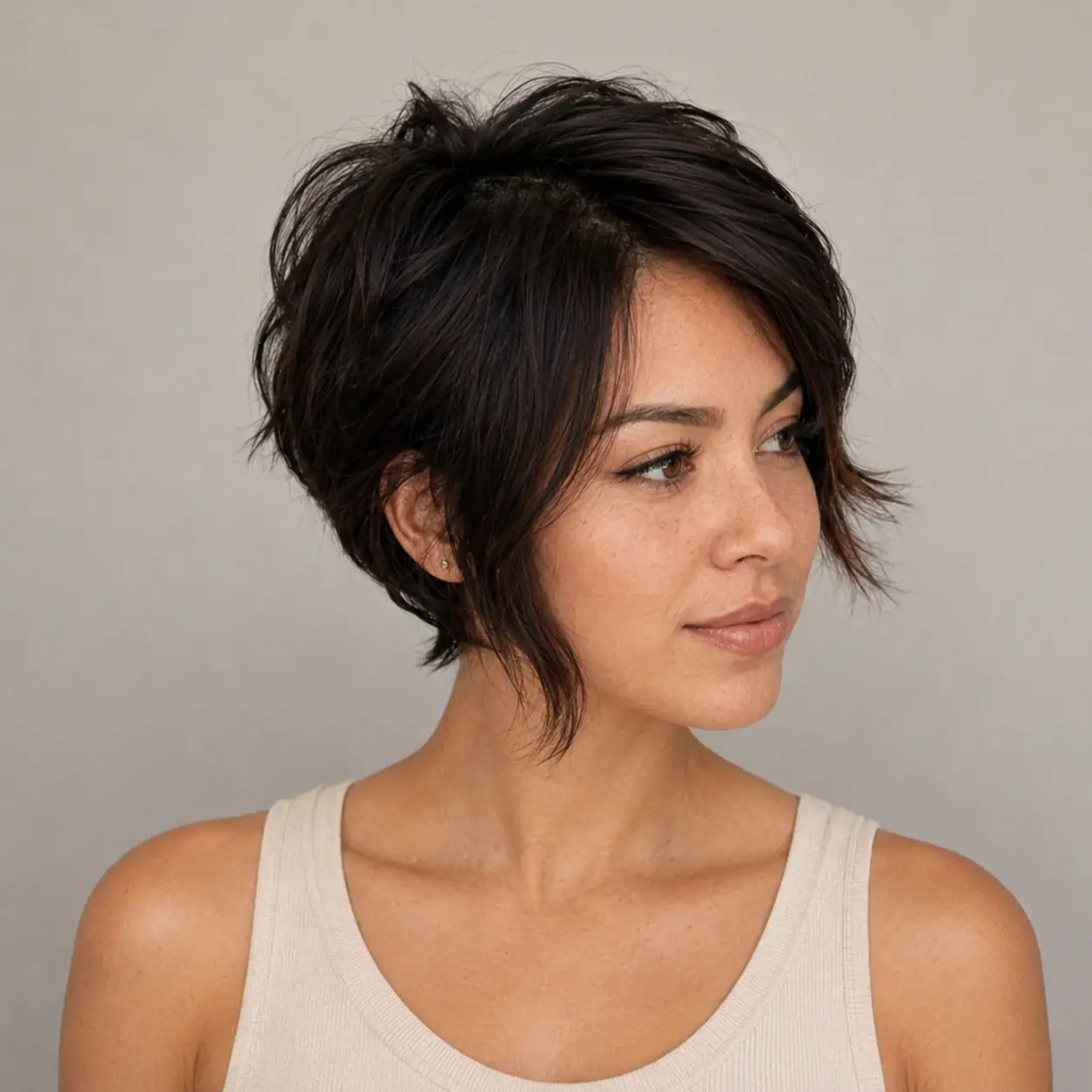 Soft pixie bob haircut with a rounded shape and face-framing pieces falling just past the jaw