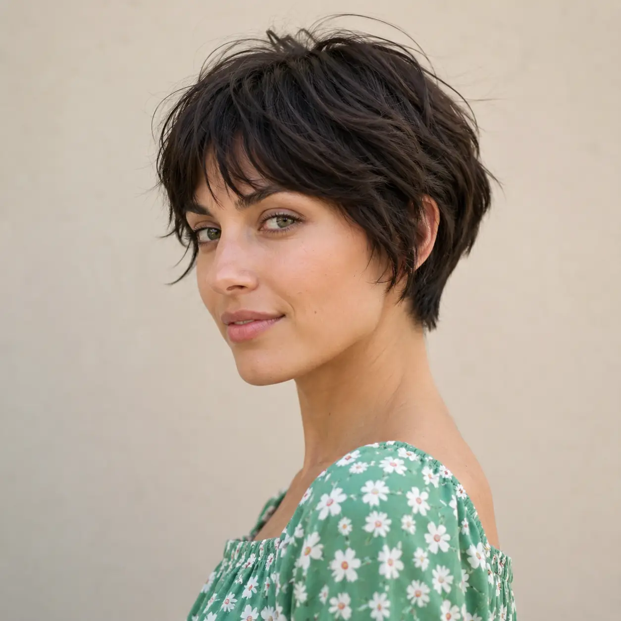 Soft rounded pixie haircut with shorter top layers lifting the roots and softening angular features