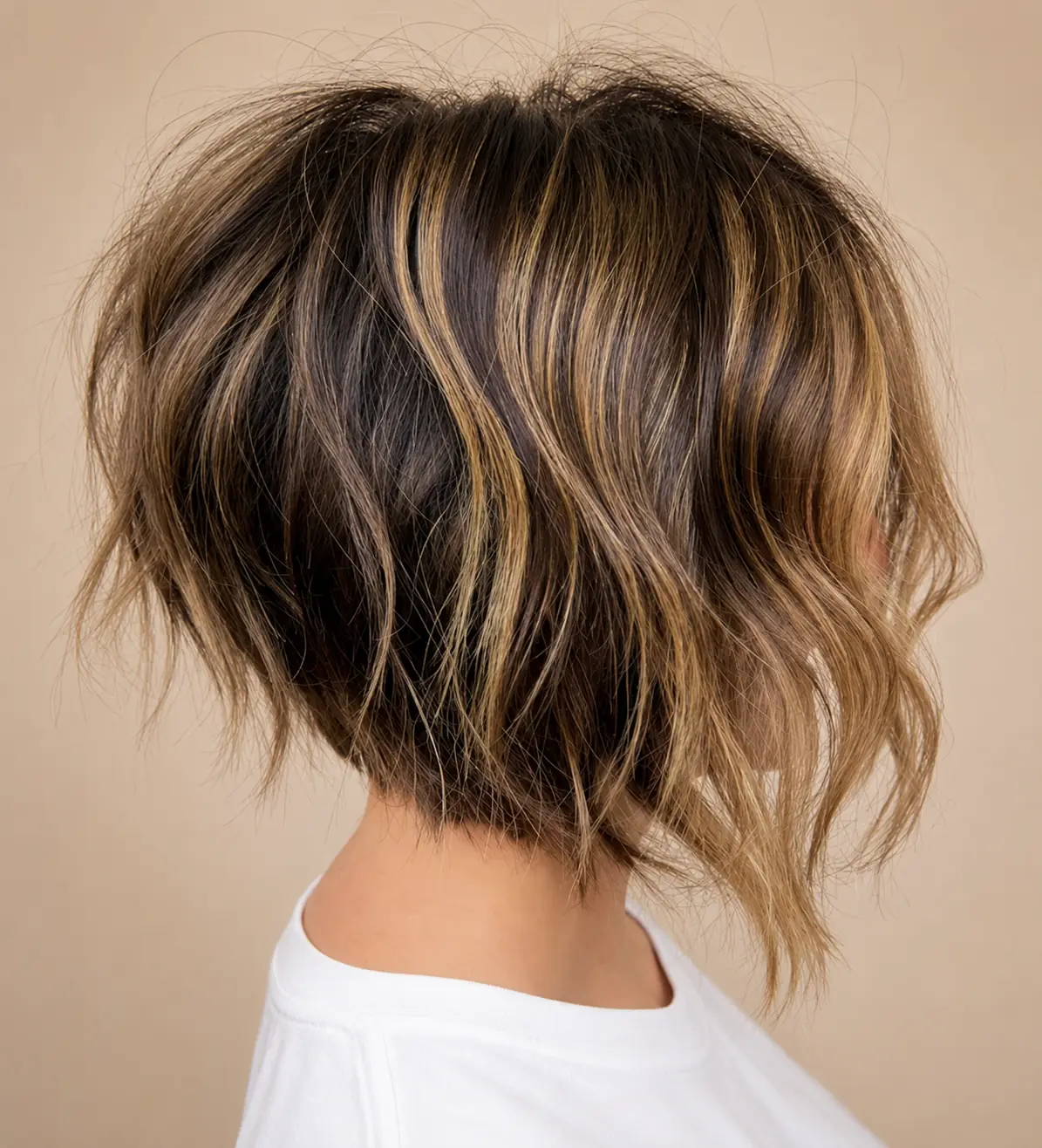 Stacked bob haircut with graduated layers at the back lifting the crown for fullness on fine hair