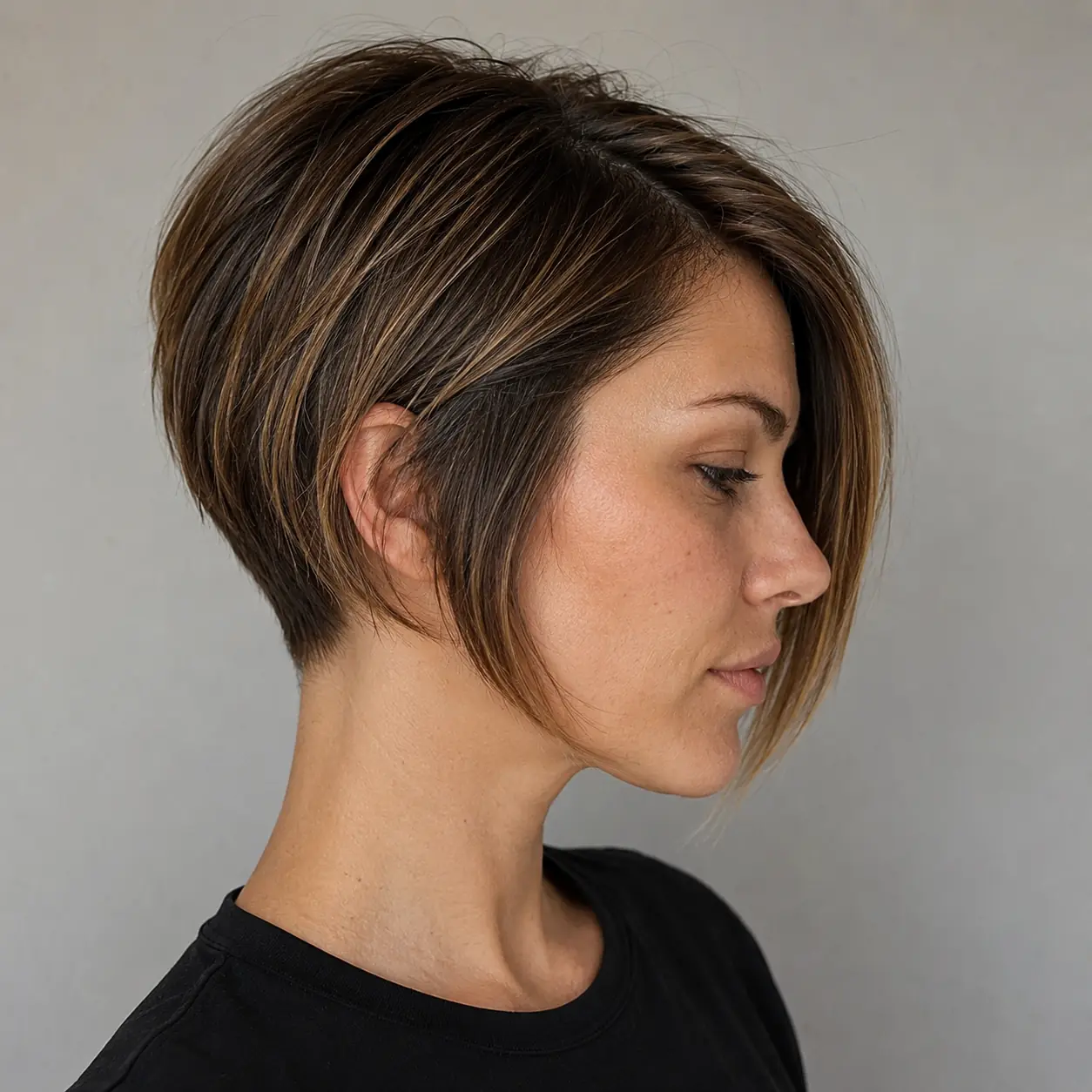 Stacked pixie bob haircut with graduated layers at the back building volume for fine hair