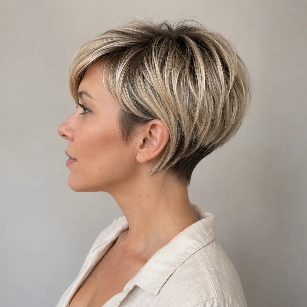 Tapered bixie haircut with close sides and textured layers on top styled with a glossy finish