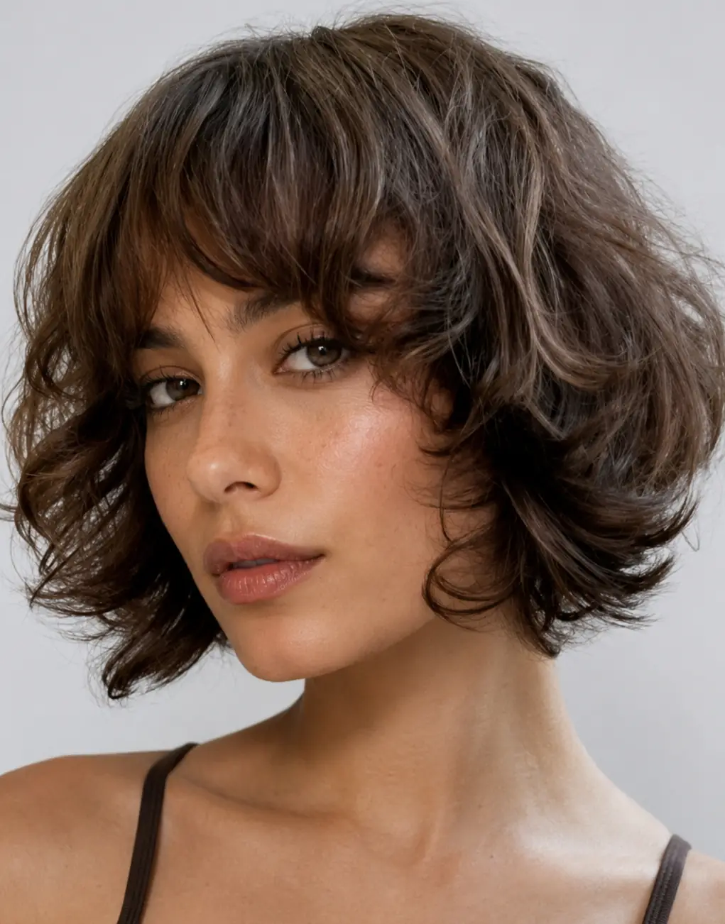 Wavy layered bob haircut with sliced layers releasing natural waves into soft, full movement