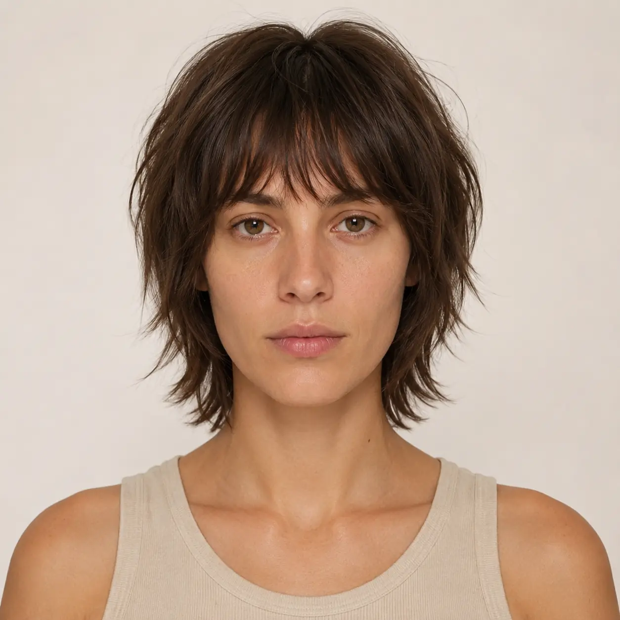Wispy short shag haircut with light layering and face-framing pieces adding body to fine or thin hair