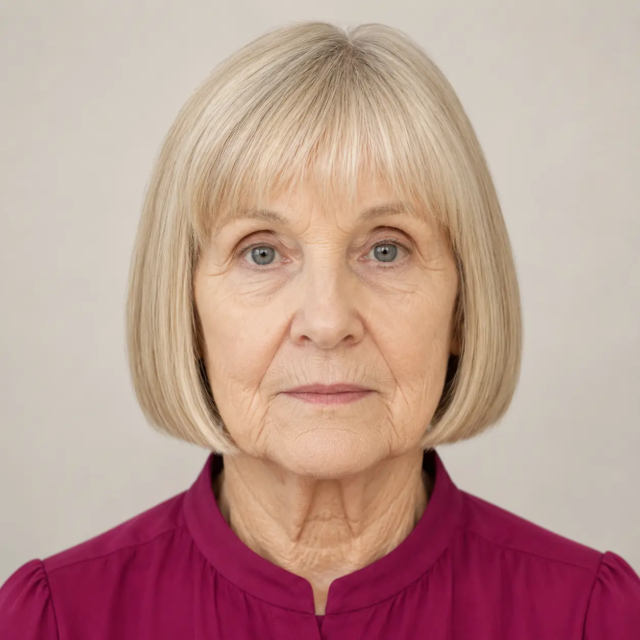 A muted blonde bob with a full blunt fringe frames the eyes and keeps a lined forehead covered on a woman over 70