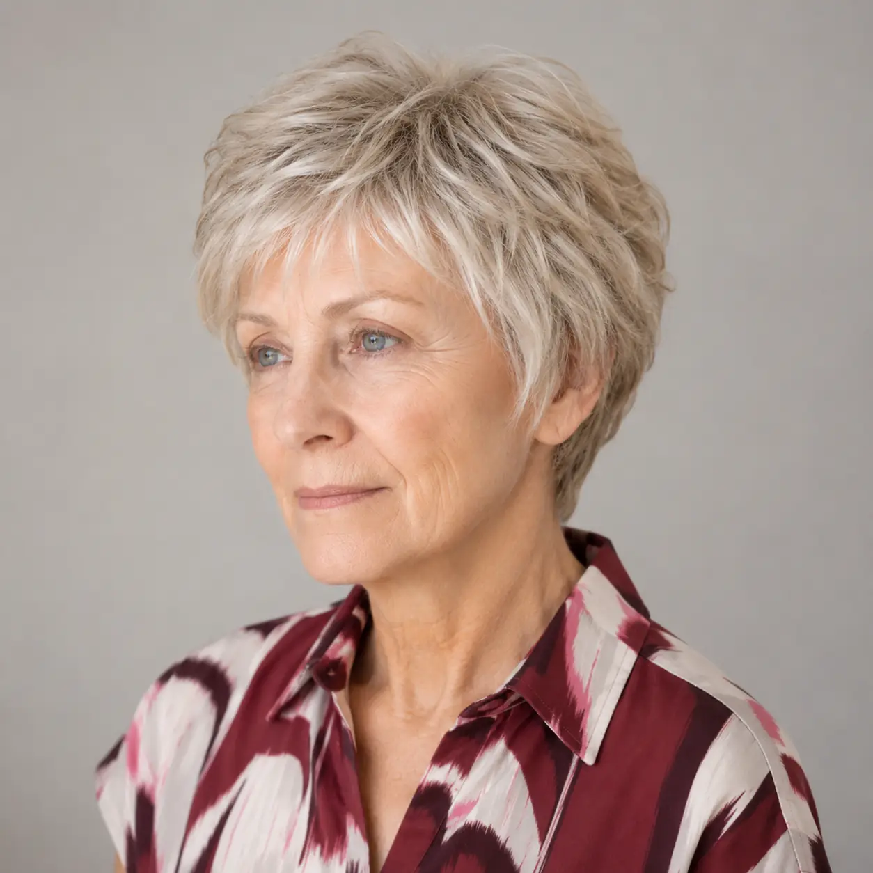 A bright silver pixie worn proudly looks confident and chic on a woman over 70