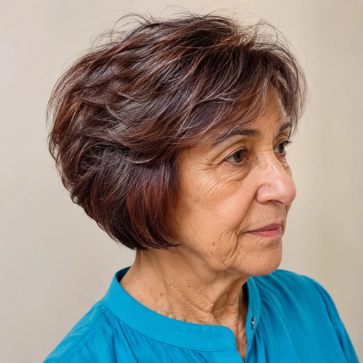 A rich burgundy stacked bob is a bold, glossy statement full of volume on a woman over 70
