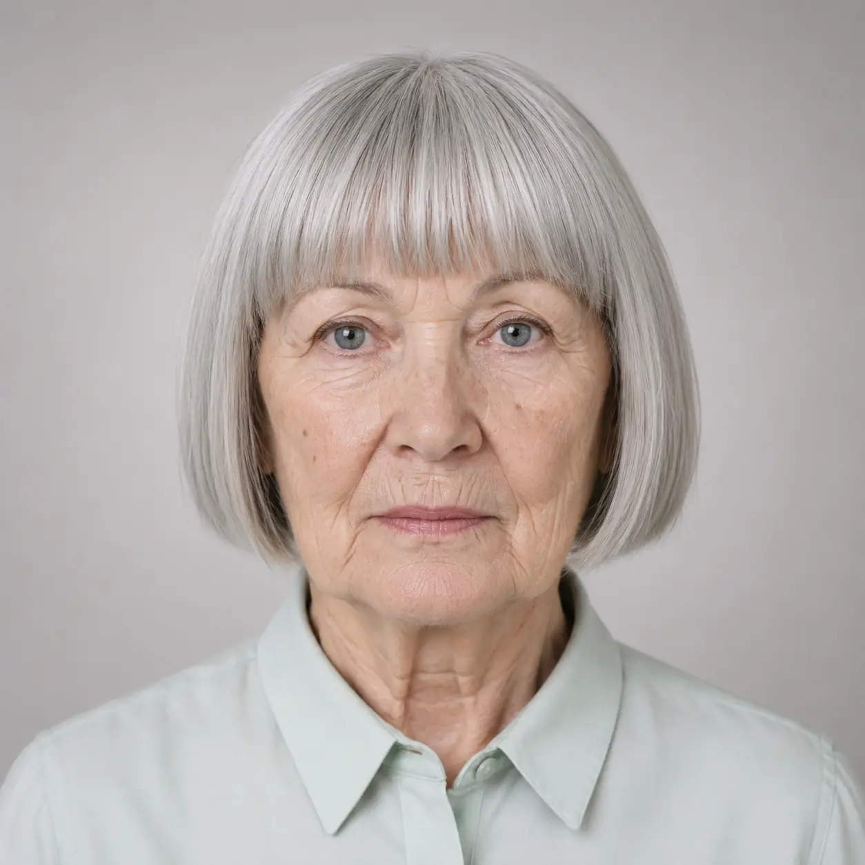 A classic blunt bob with a straight fringe looks striking and graphic on a woman over 70