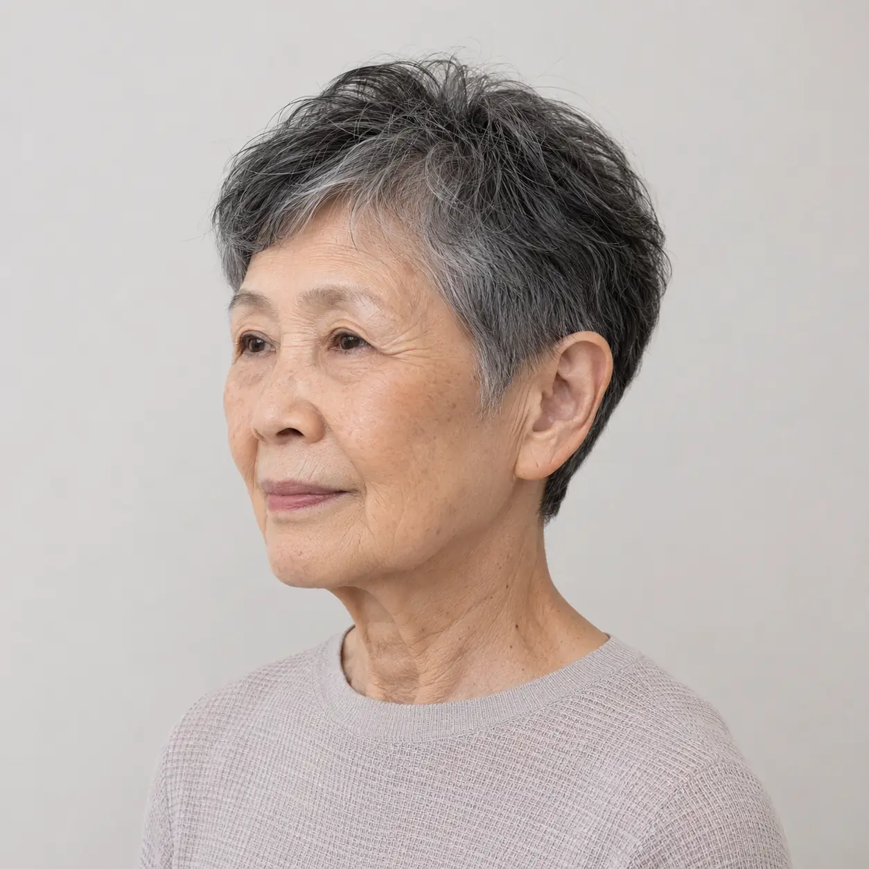 A short, cropped pixie with fine texture keeps this dark salt-and-pepper cut neat and low-fuss on a woman over 70