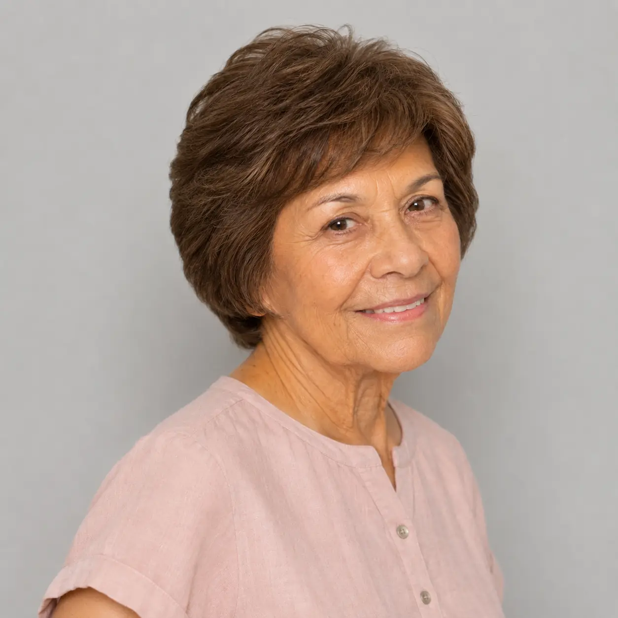 A layered bixie swept to one side keeps this outline gentle and feather-light on a woman over 70