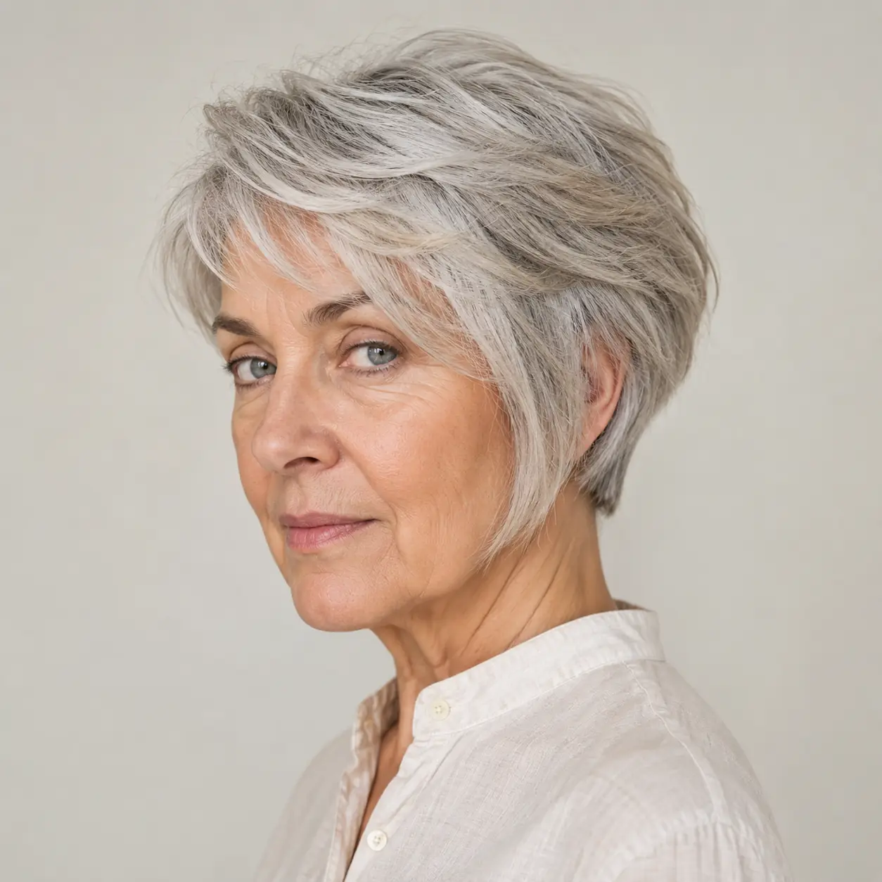 A little extra length on top gives this angled pixie something to style and sweep across the forehead