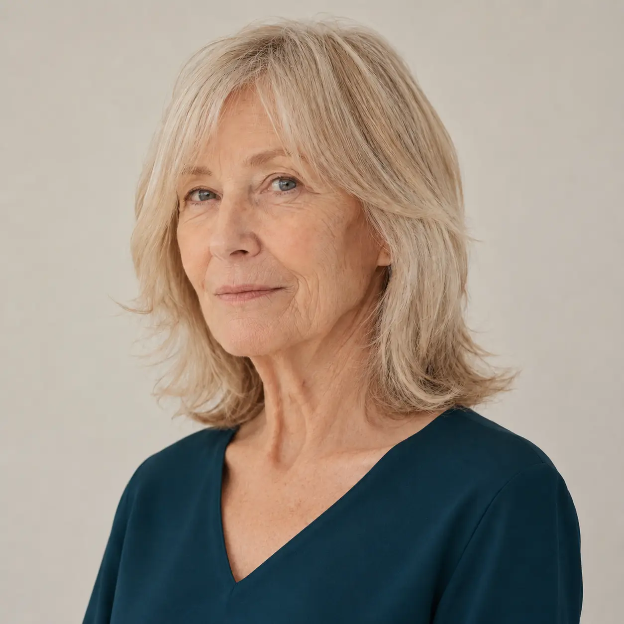 A feathered, layered lob keeps a little more length while the layers add body and movement on a woman over 70