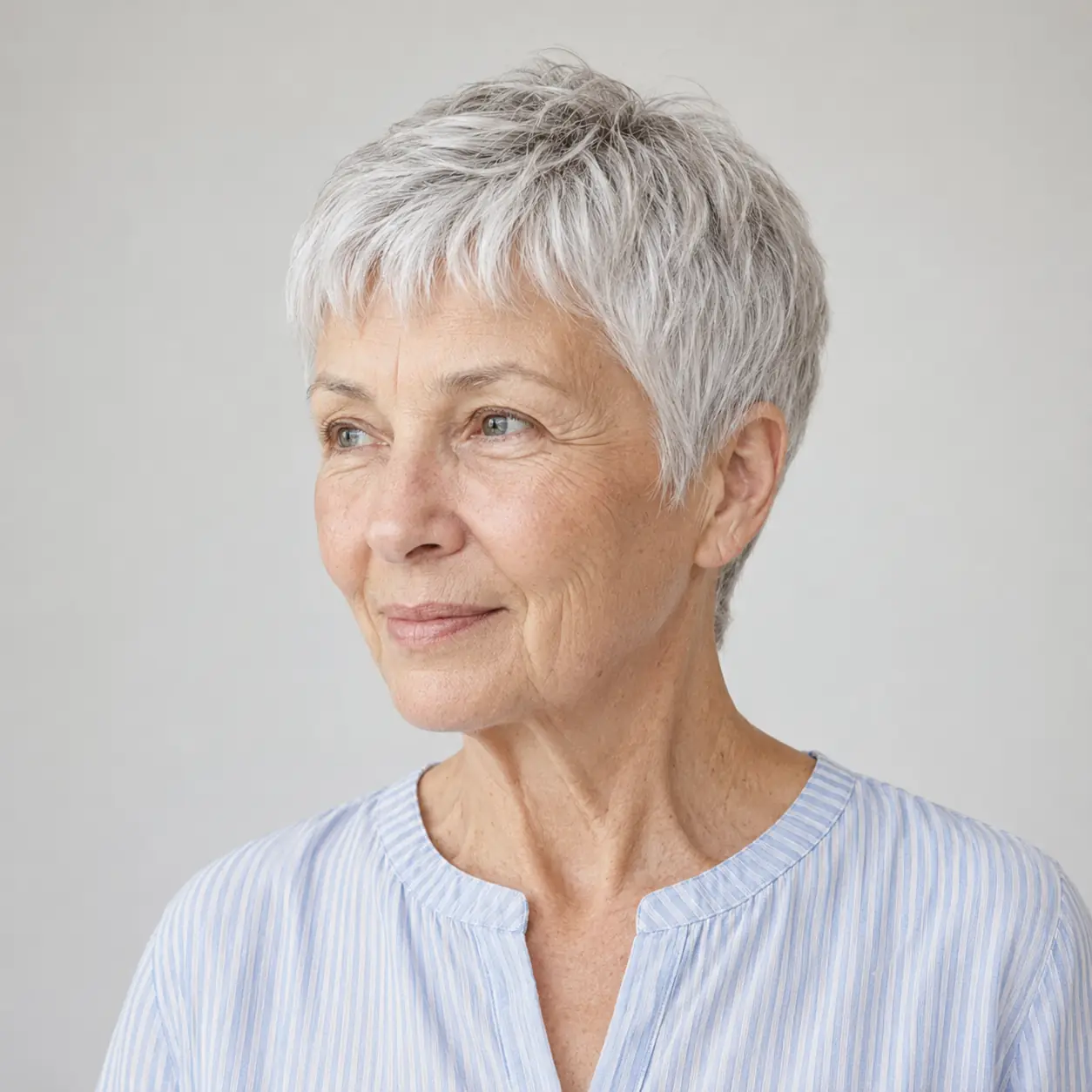 This cropped pixie keeps the focus on your face and makes silver hair look super bright on a woman over 70