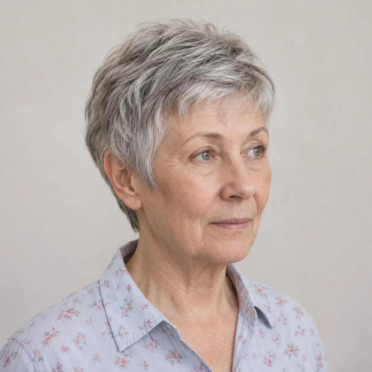 A softly textured pixie tapered close at the sides builds gentle volume through the top where fine hair falls flat